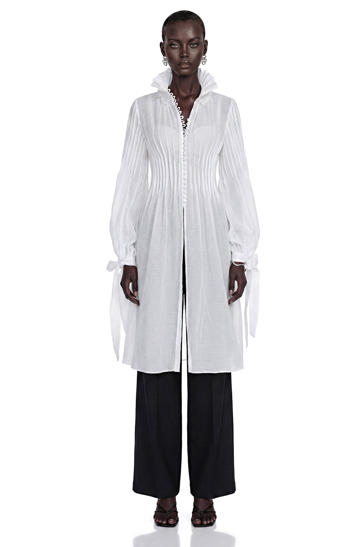 Antonella White Puff Sleeve Midi Dress with Ruffled Neckline