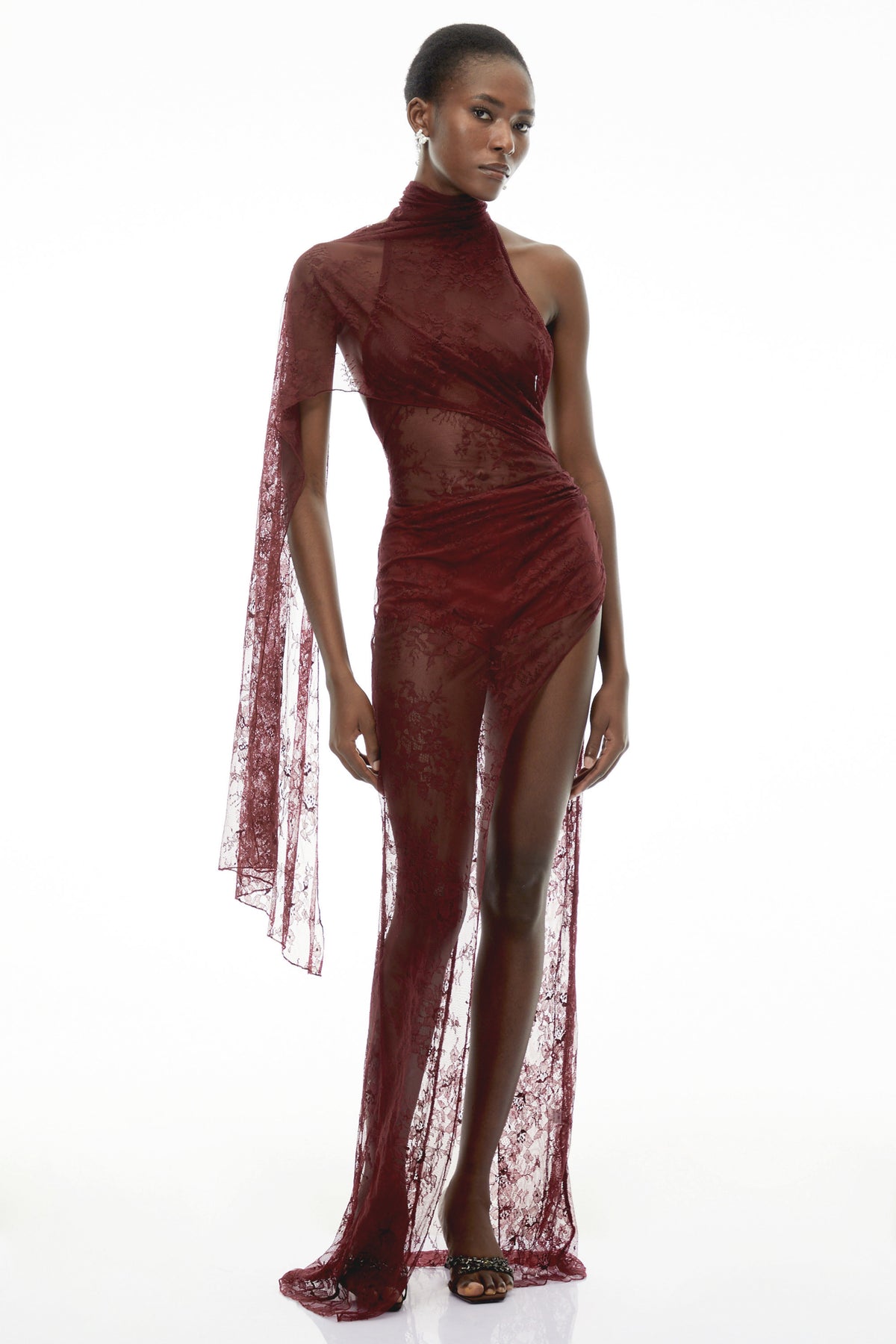Arabella Burgundy High Neck Lace Maxi Dress
