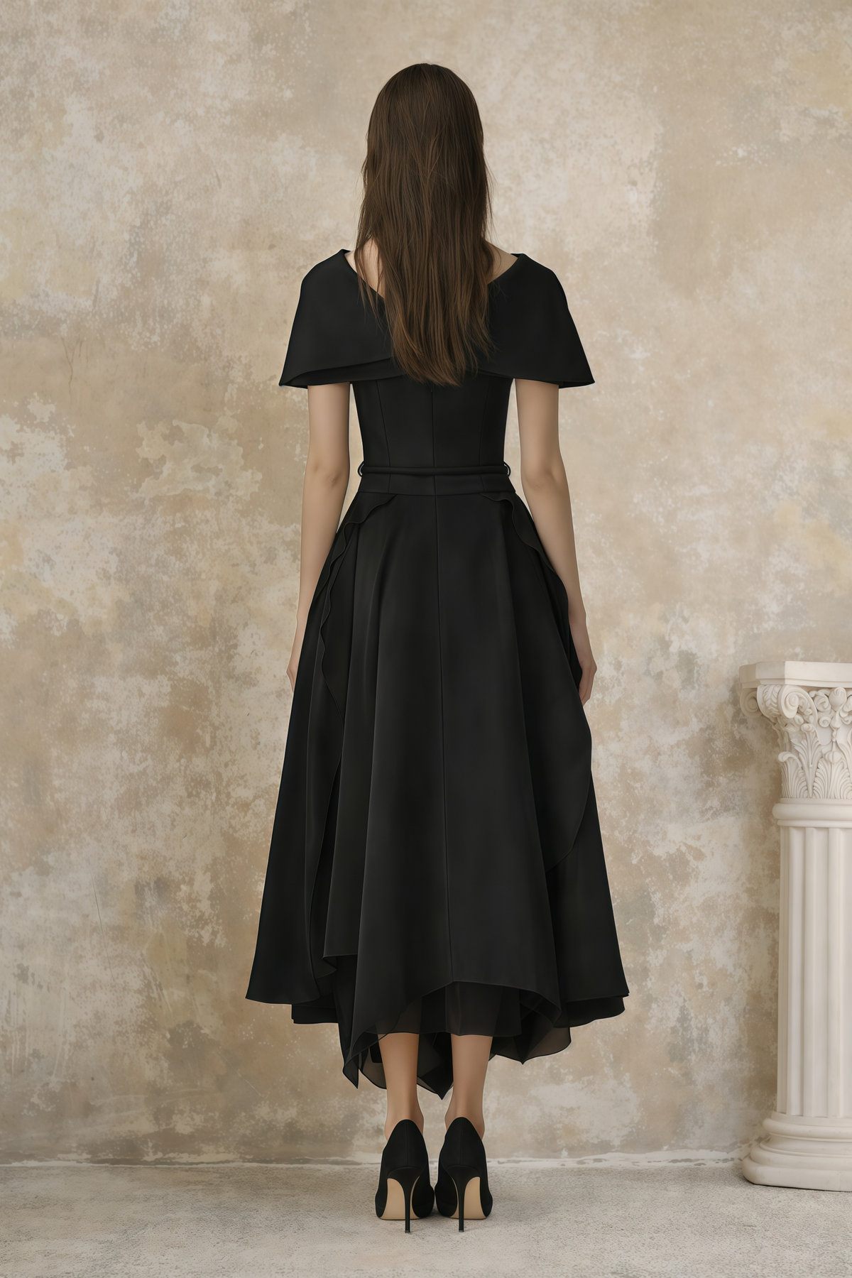 Aria Black Asymmetrical Shawl & Tulle Panel Dress Set