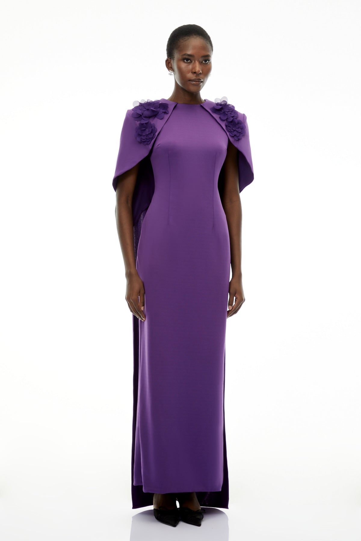 Aria Purple Cinched Maxi Dress with Cape and 3D Florals (Final Sale)