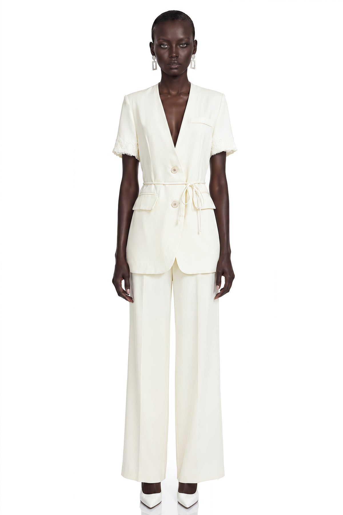 Arlene Cream Plunge Neck Blouse & Trousers Set