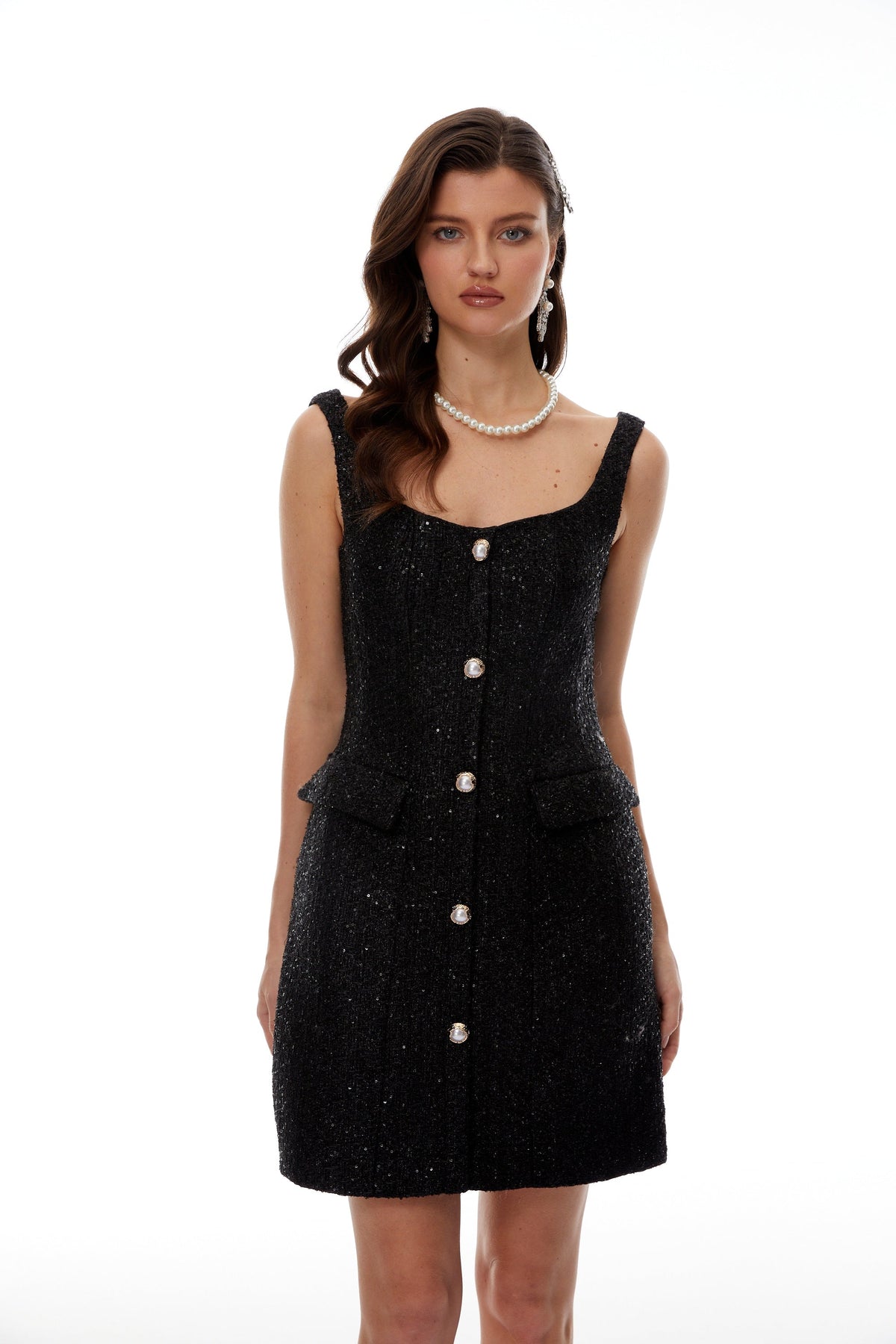 Arna Black Square Neck Tweed Mini Dress