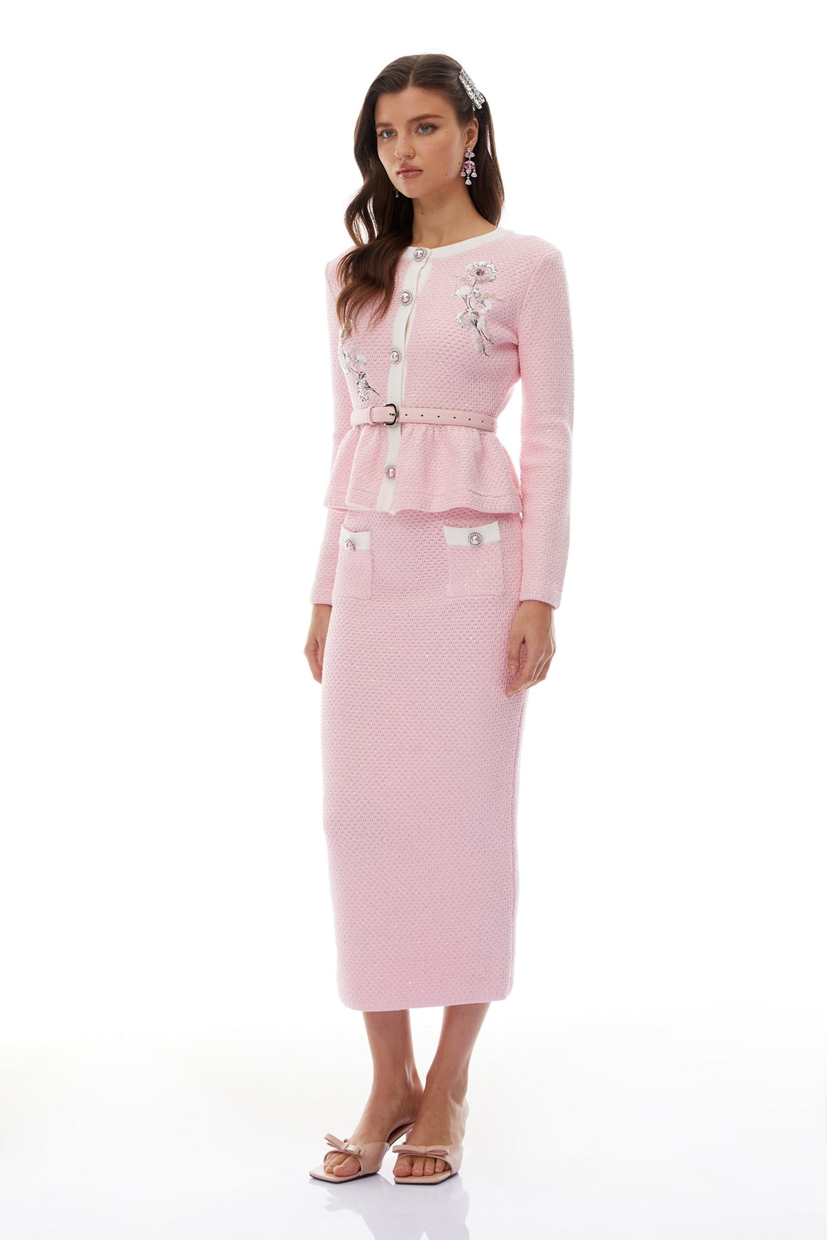 Ásdís Pink Sequined Knit Cardigan & Skirt Set