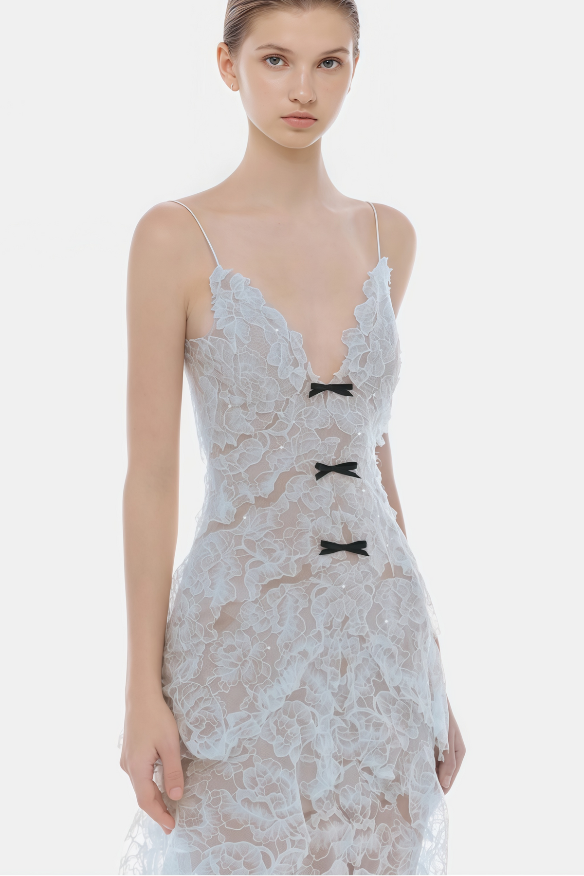 Atousa Blue Layered Floral Lace Maxi Dress with Bow