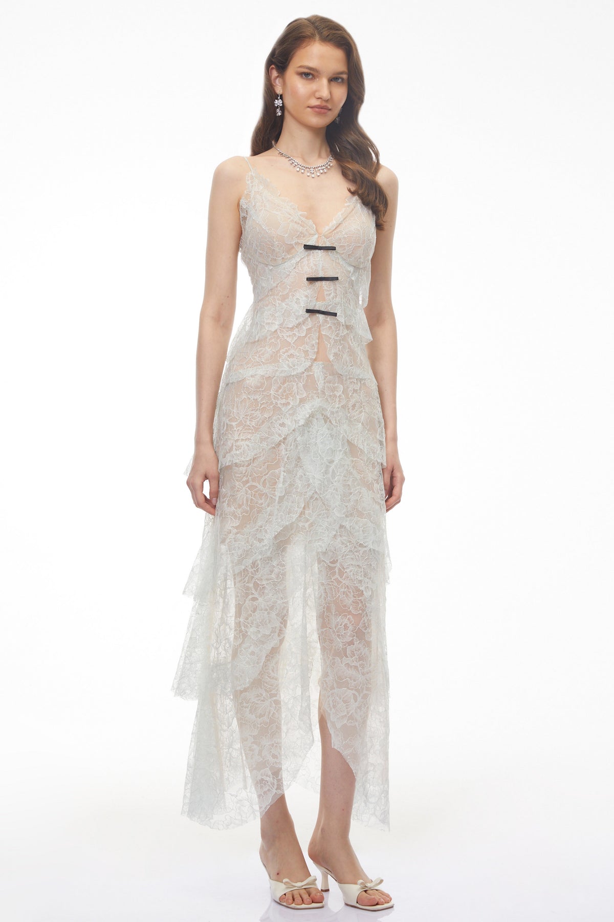 Atousa Blue Layered Floral Lace Maxi Dress with Bow