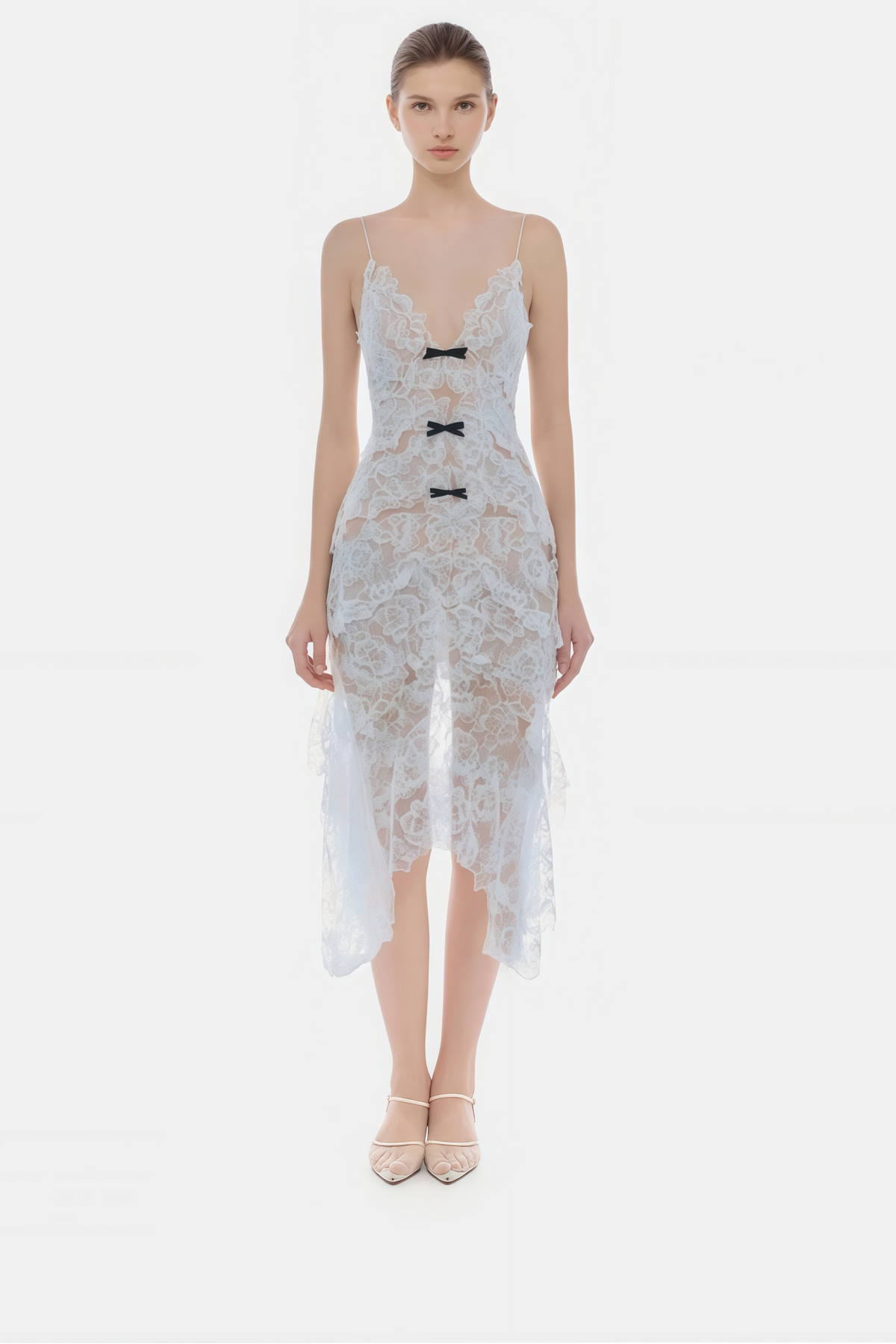 Atousa Blue Layered Floral Lace Maxi Dress with Bow
