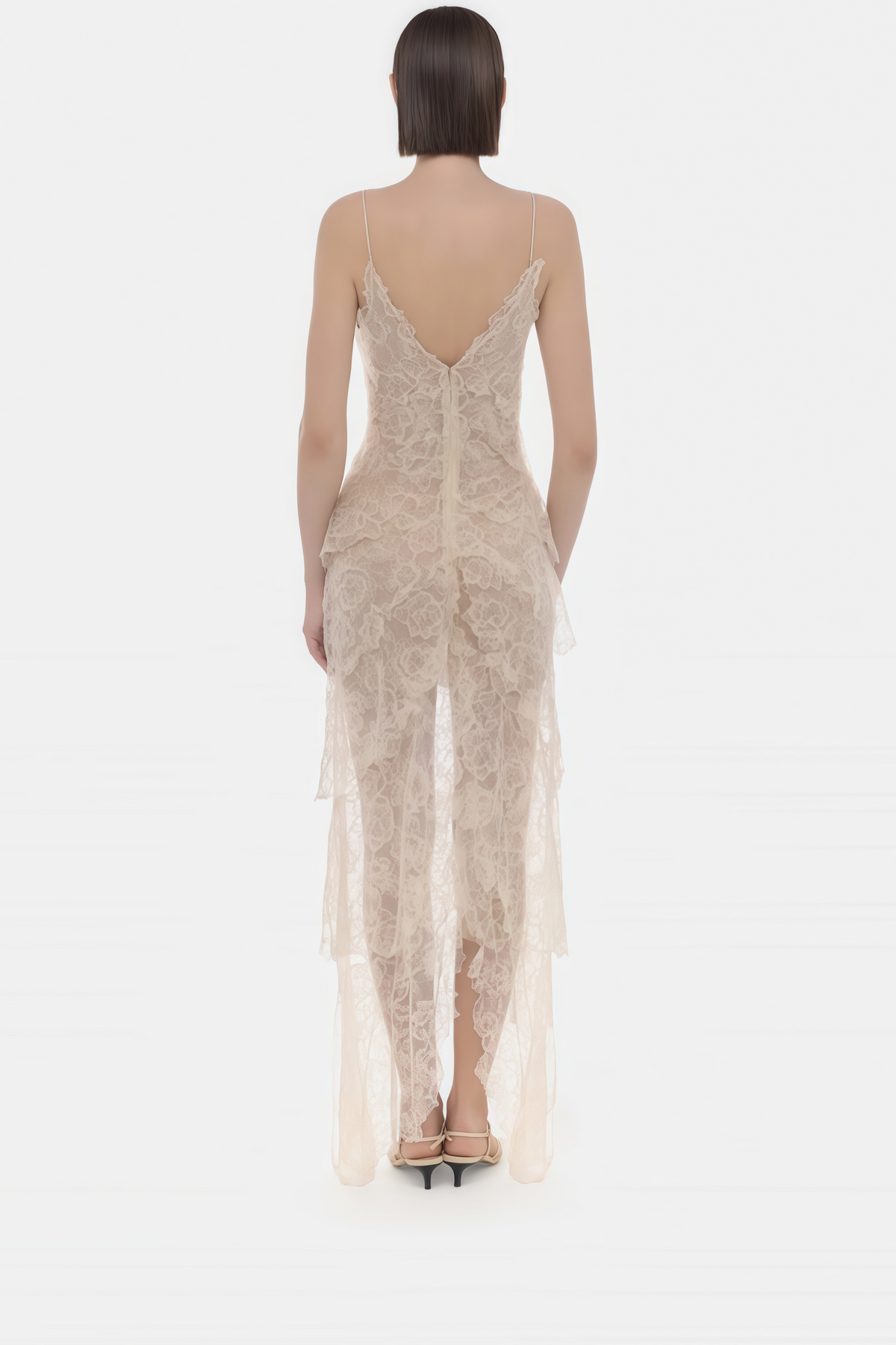 Atousa Cream Layered Floral Lace Maxi Dress with Bow