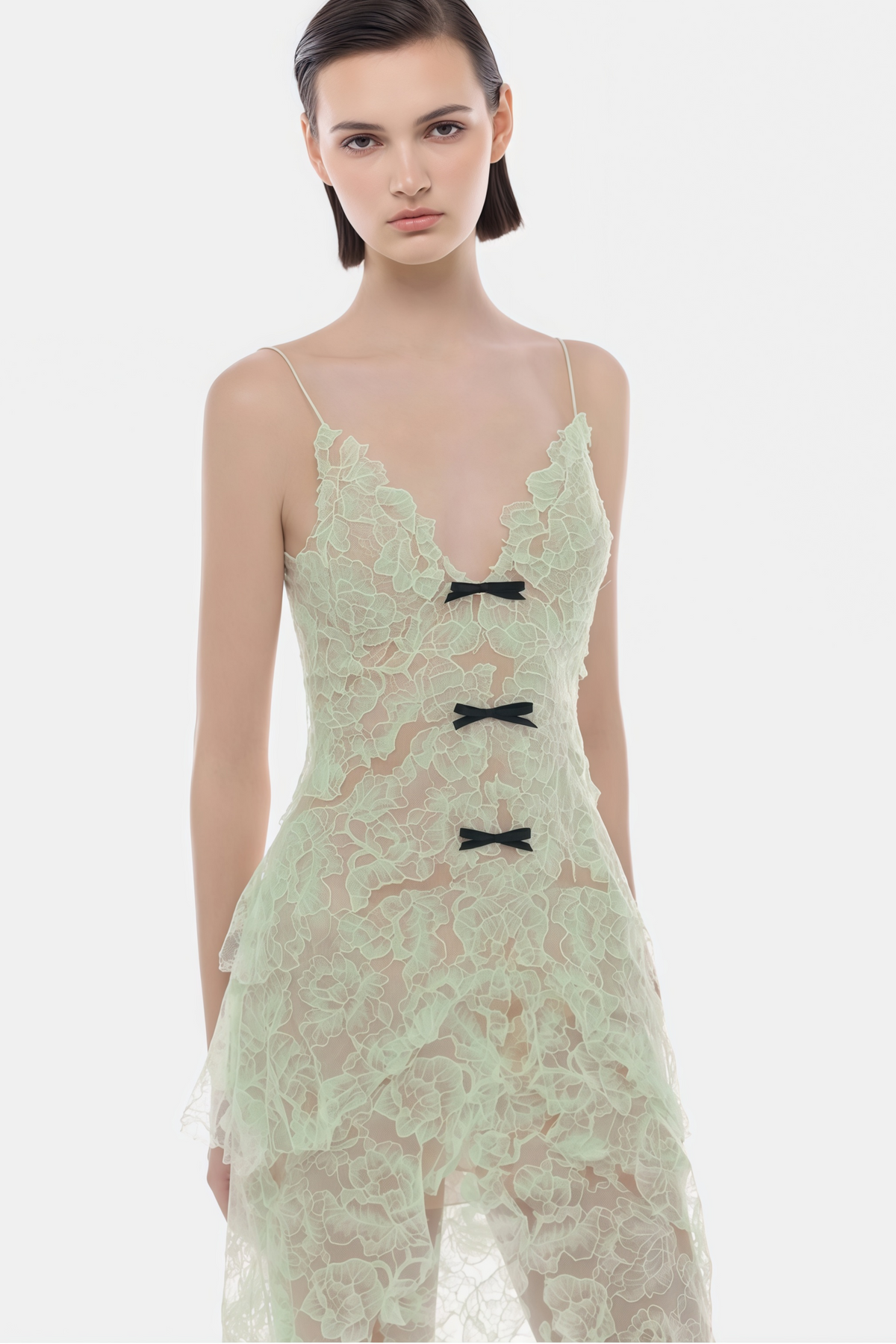 Atousa Green Layered Floral Lace Maxi Dress with Bow