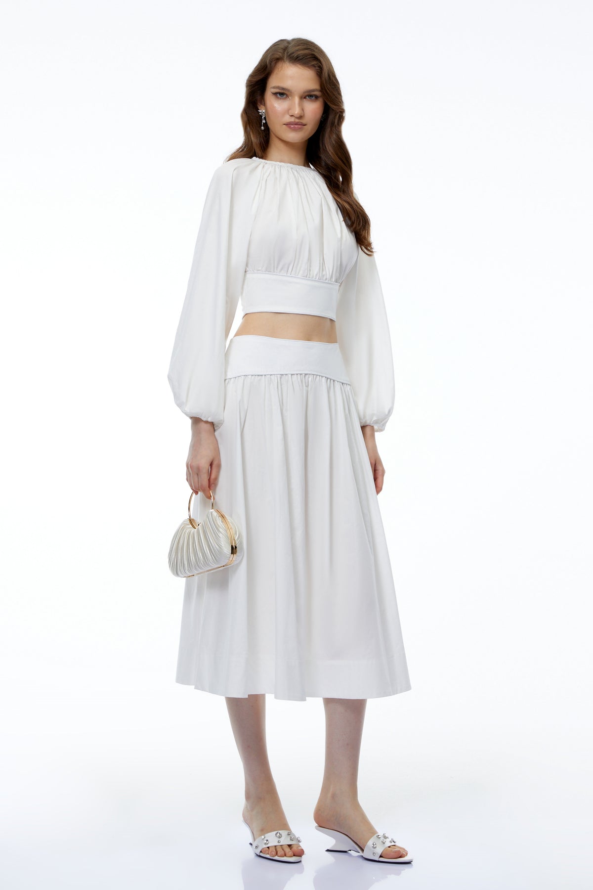 Aubrey White Round Neck Puff Sleeve Top & Skirt Set