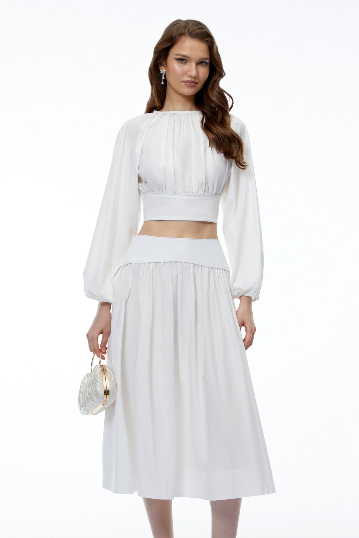 Aubrey White Round Neck Puff Sleeve Top & Skirt Set