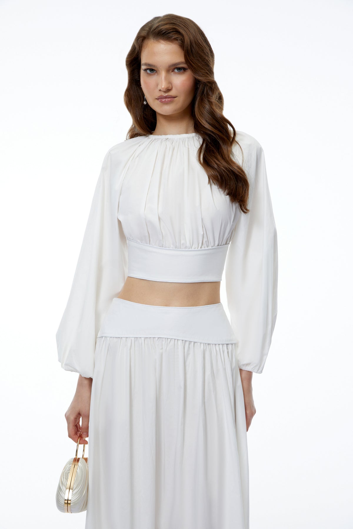 Aubrey White Round Neck Puff Sleeve Top & Skirt Set