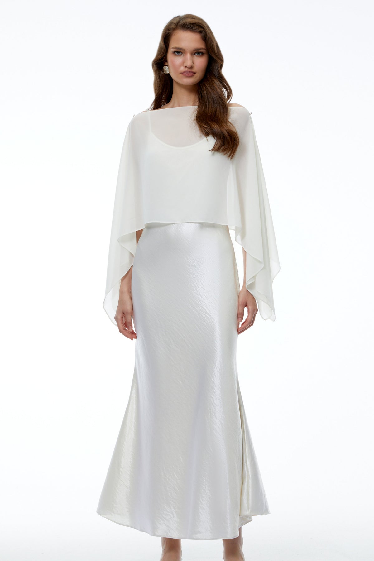 Aurelia White Satin Maxi Dress with Chiffon Overlay