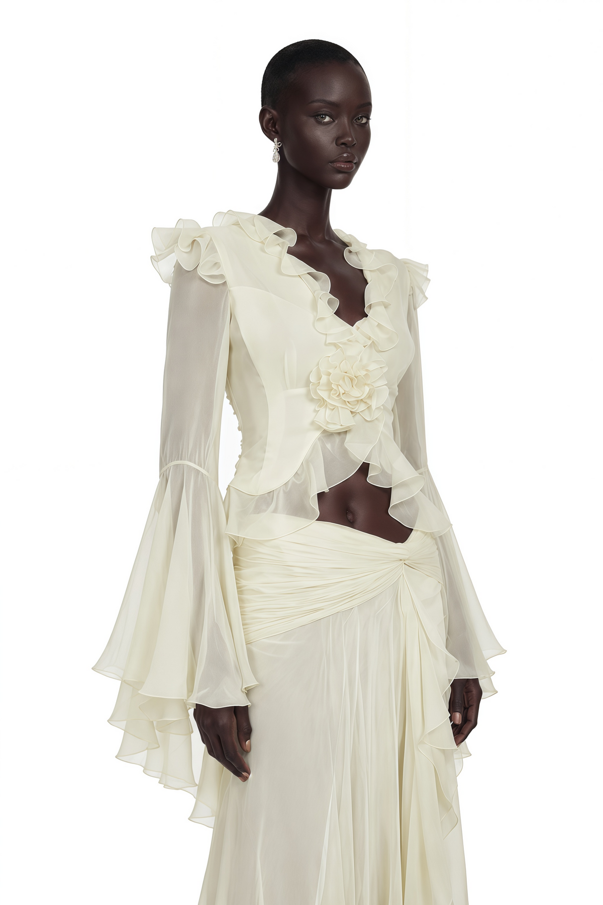 Aurora White Floral Applique Crop Top & Draped Skirt Set