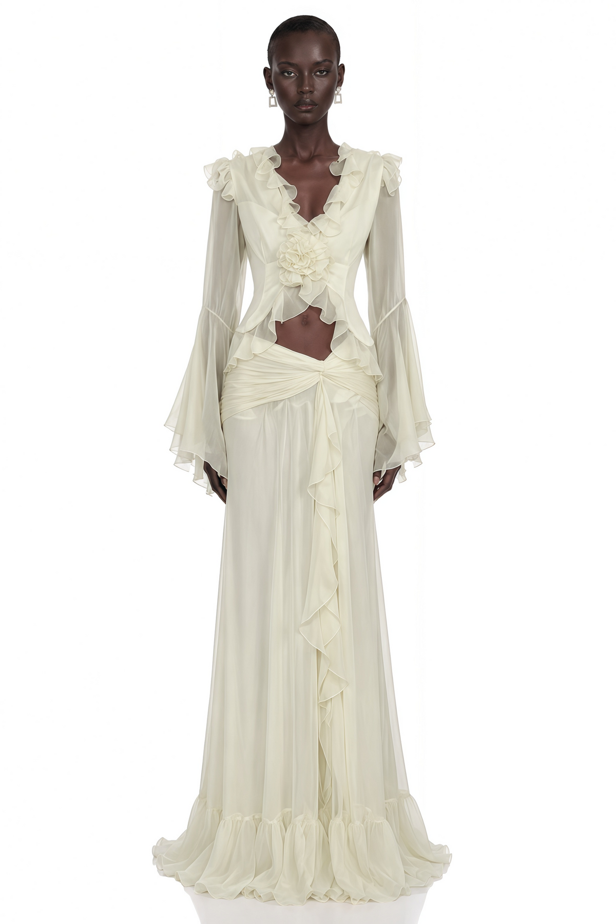 Aurora White Floral Applique Crop Top & Draped Skirt Set