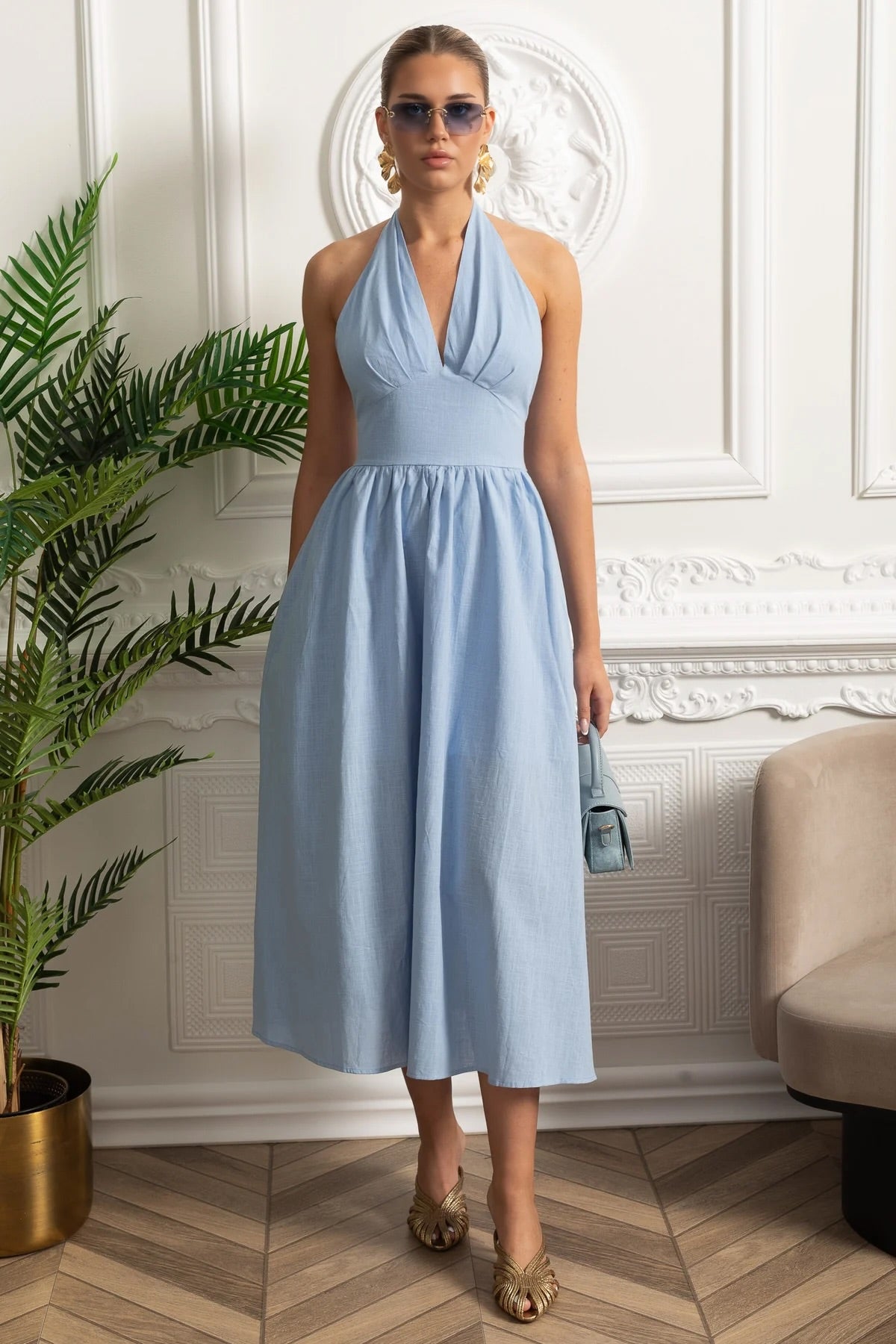 Halterneck Midi Dress With A-line Gathered Skirt - Blue