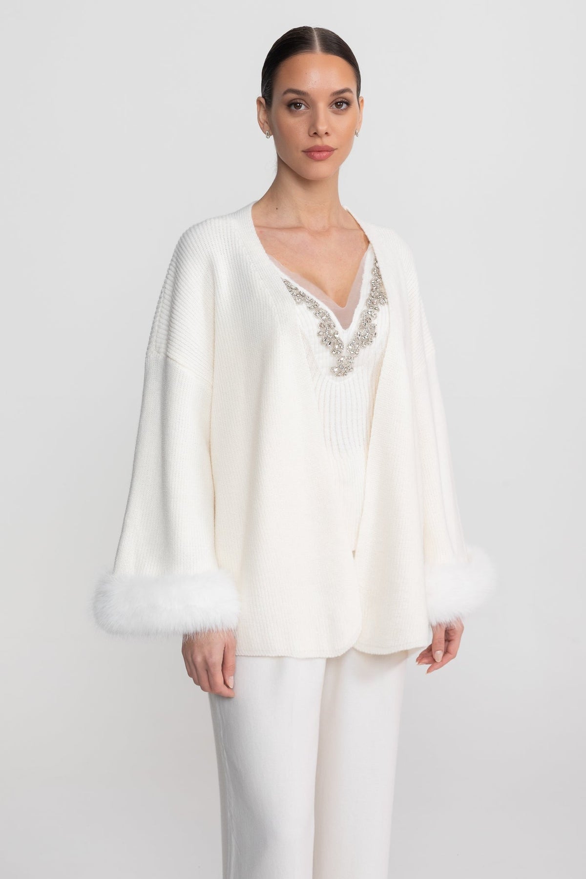 Knit Two Piece Set With Crystal Embellishments And Trim Cuffs - White