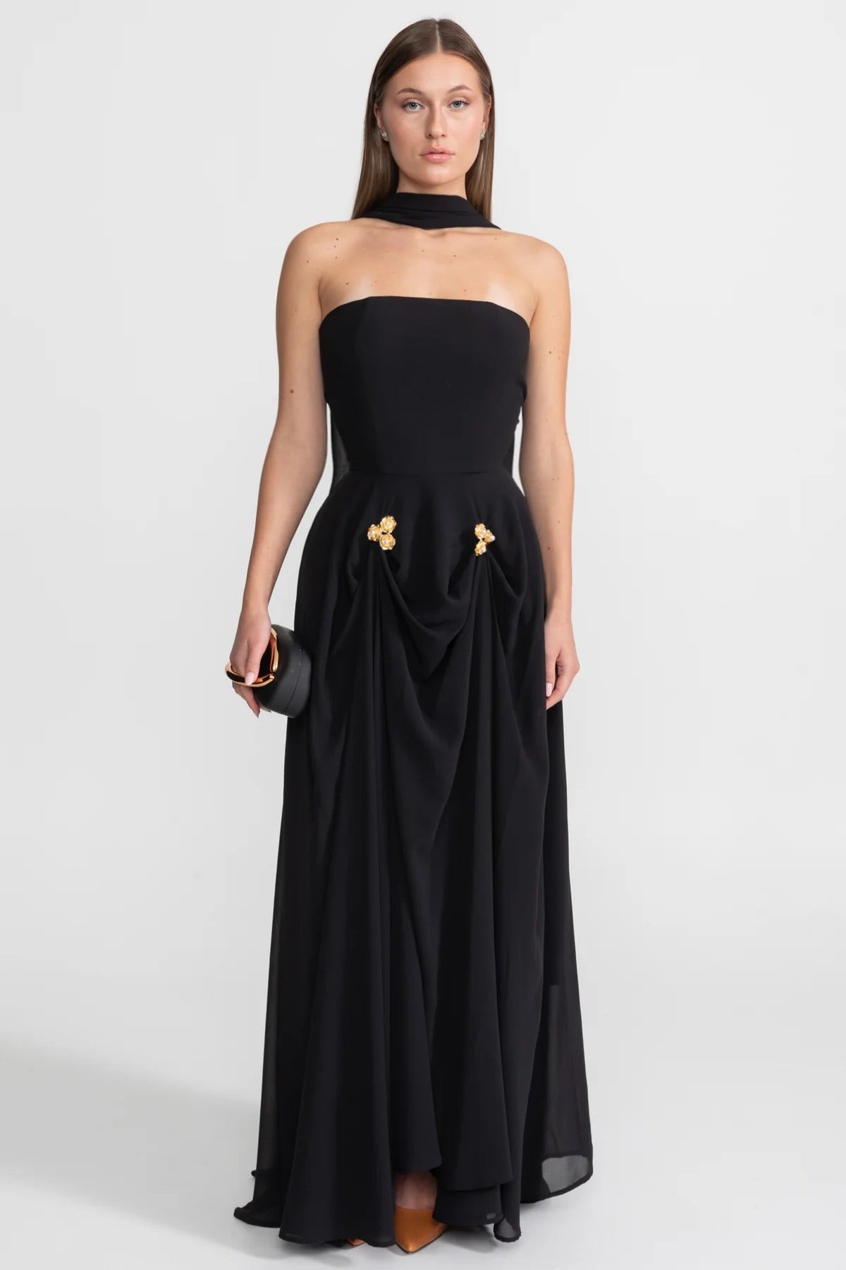 Strapless Draped Gown With Gold Flower Embellishments – Black