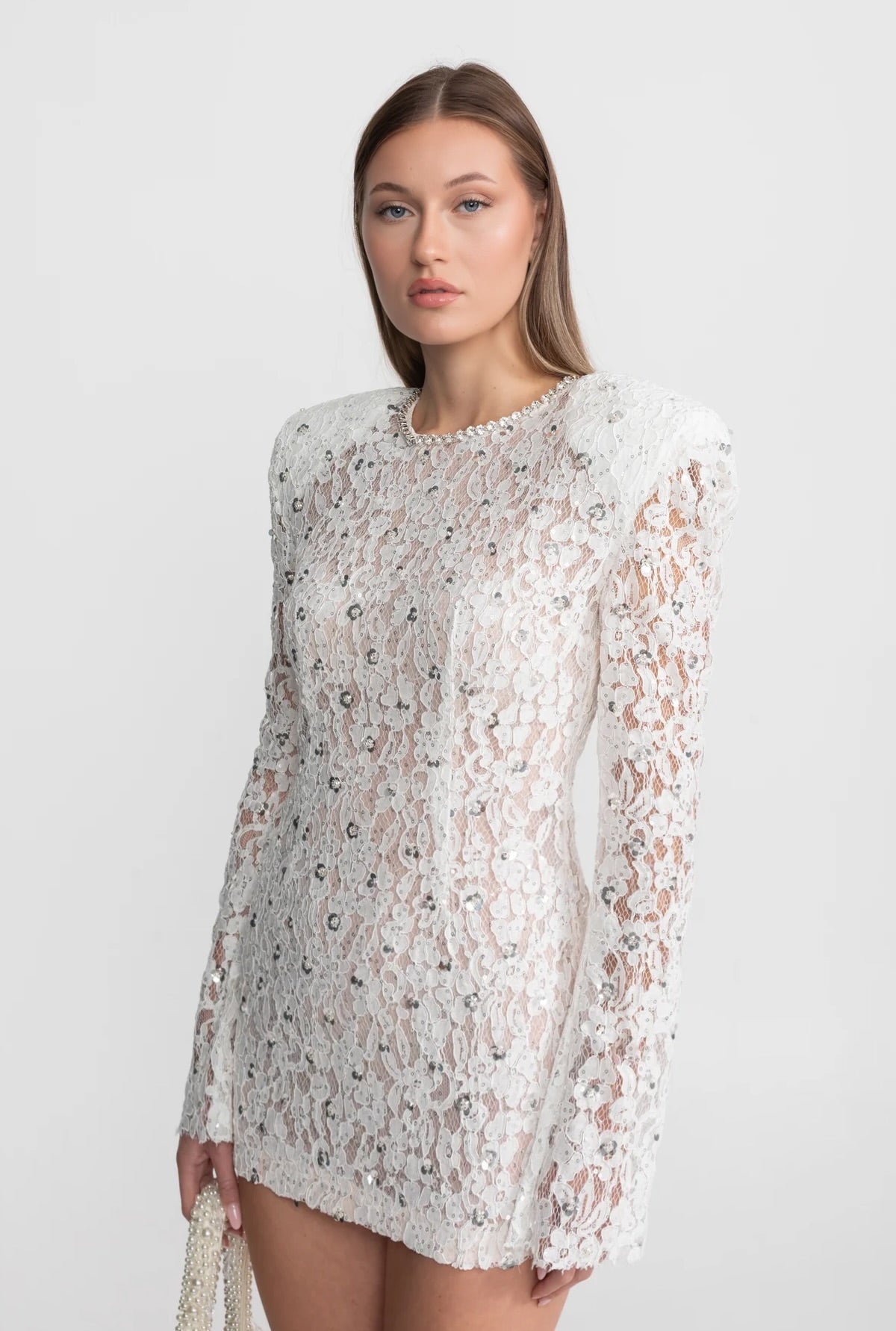 Sequin Lace Mini Dress With Structured Shoulders – White