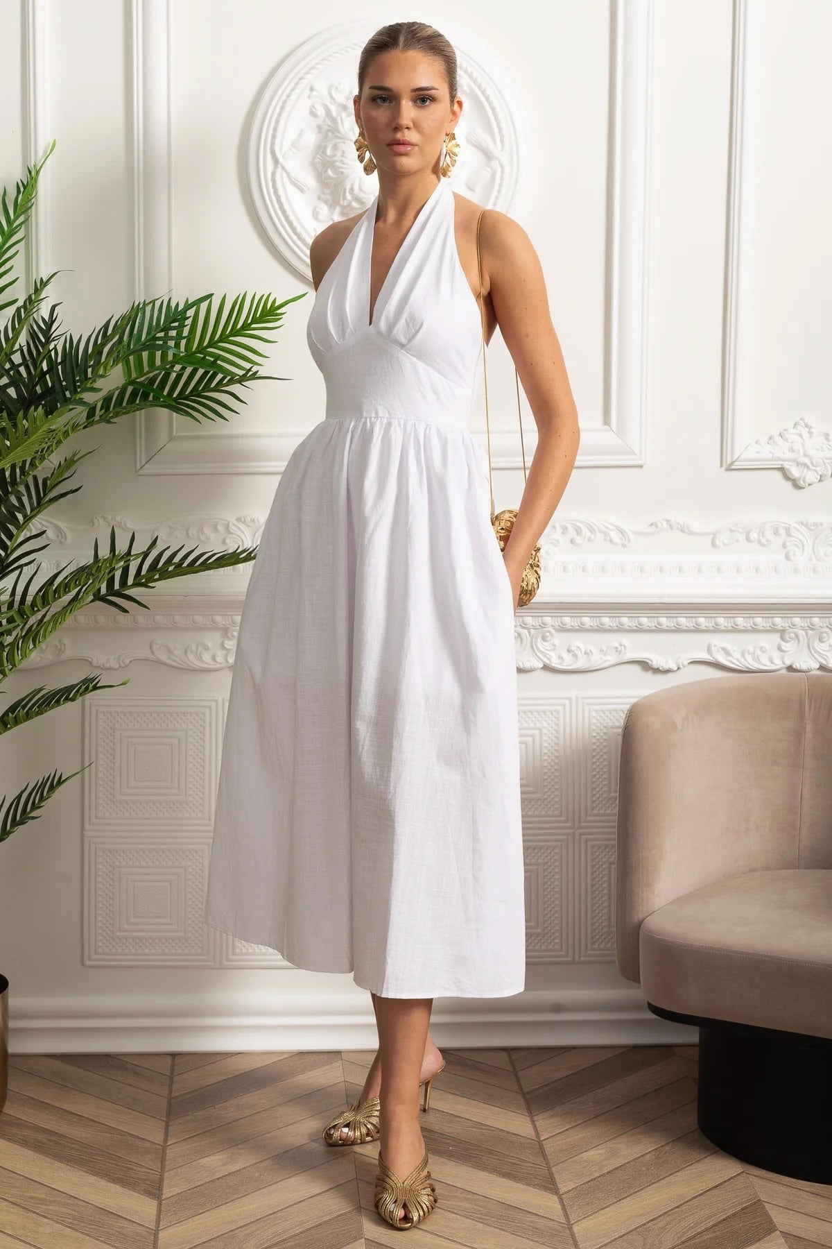 Halterneck Midi Dress With A-line Gathered Skirt - White