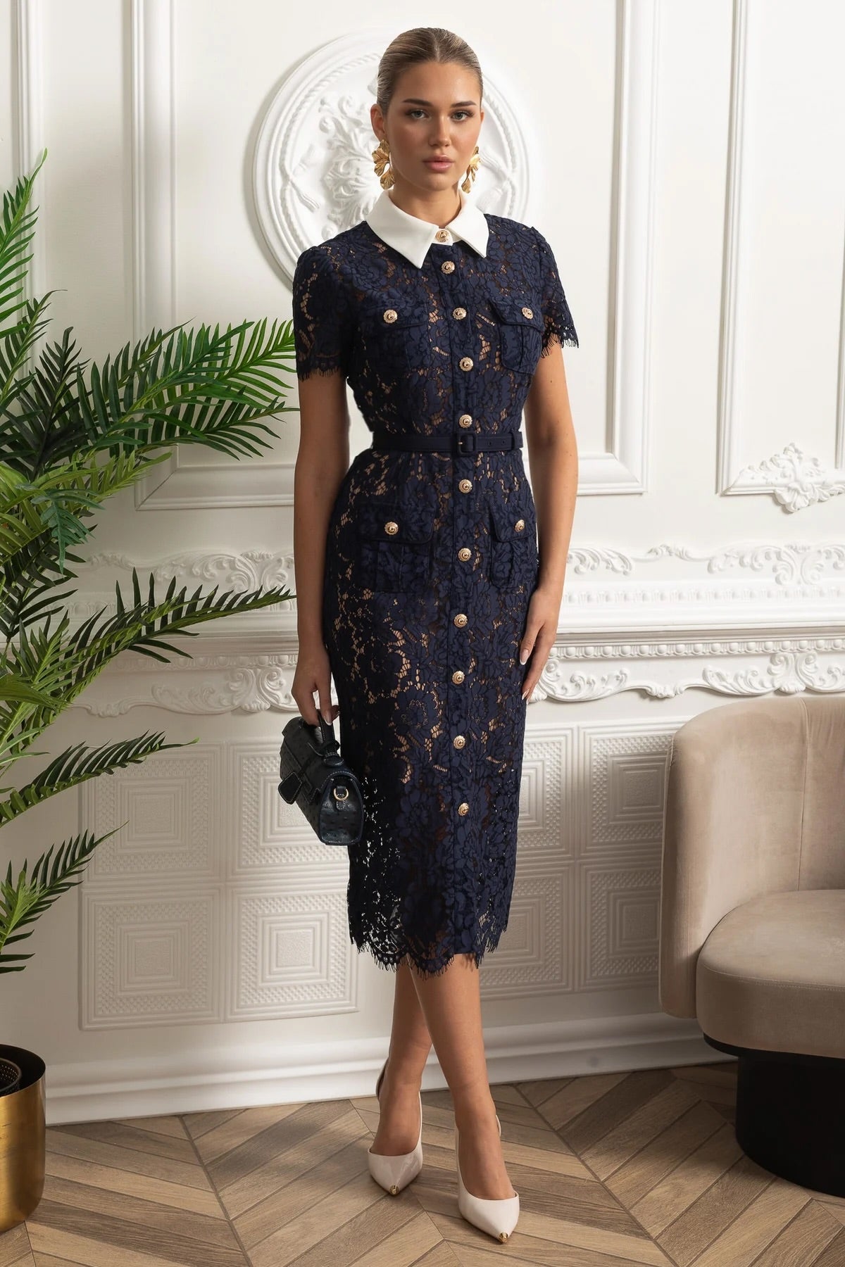 Floral Lace Midi Dress with Tailored Collar and Belted Waist - Navy