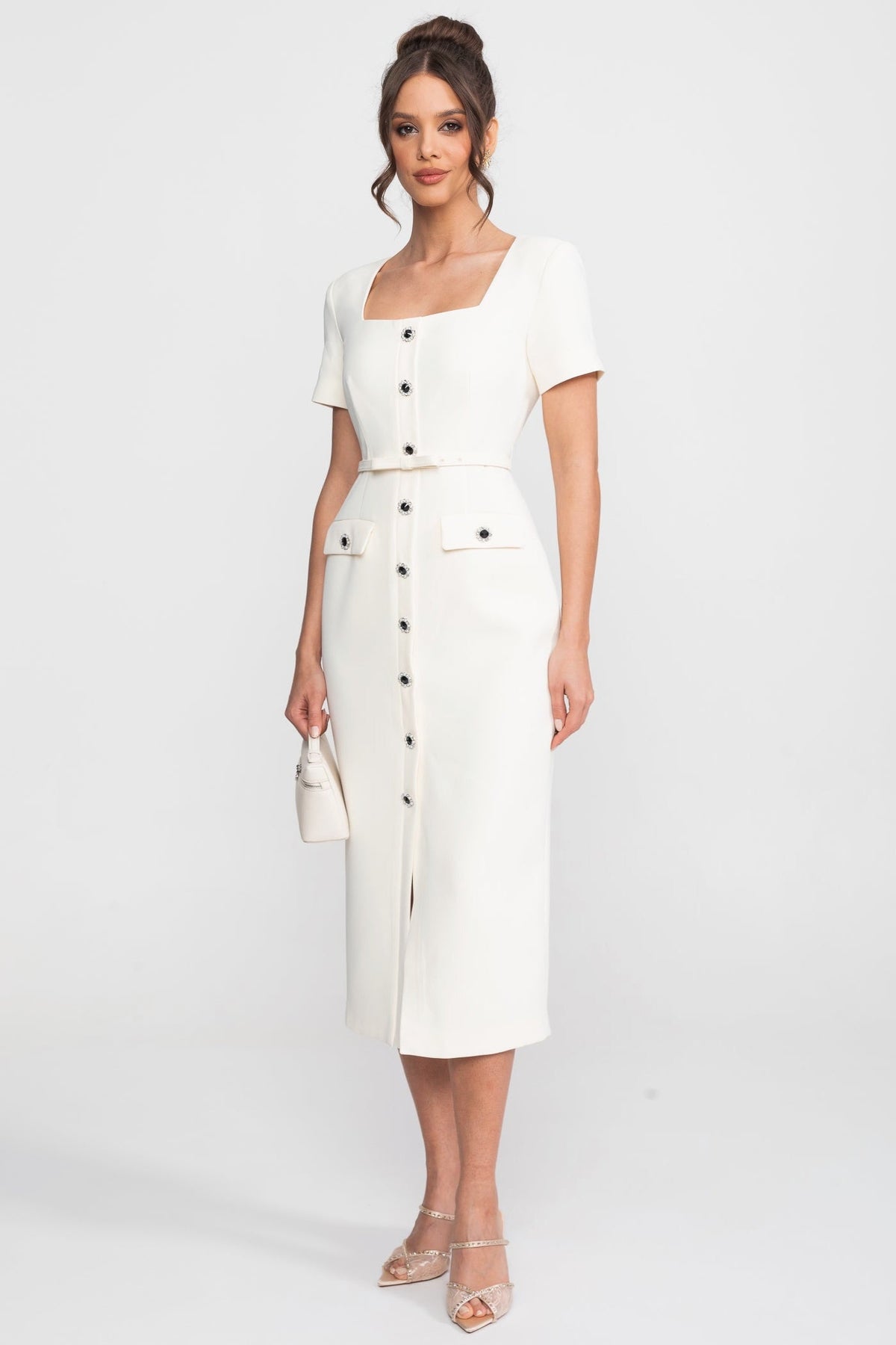 Square-Neck Button-Through Midi Dress With Jewel Buttons - White