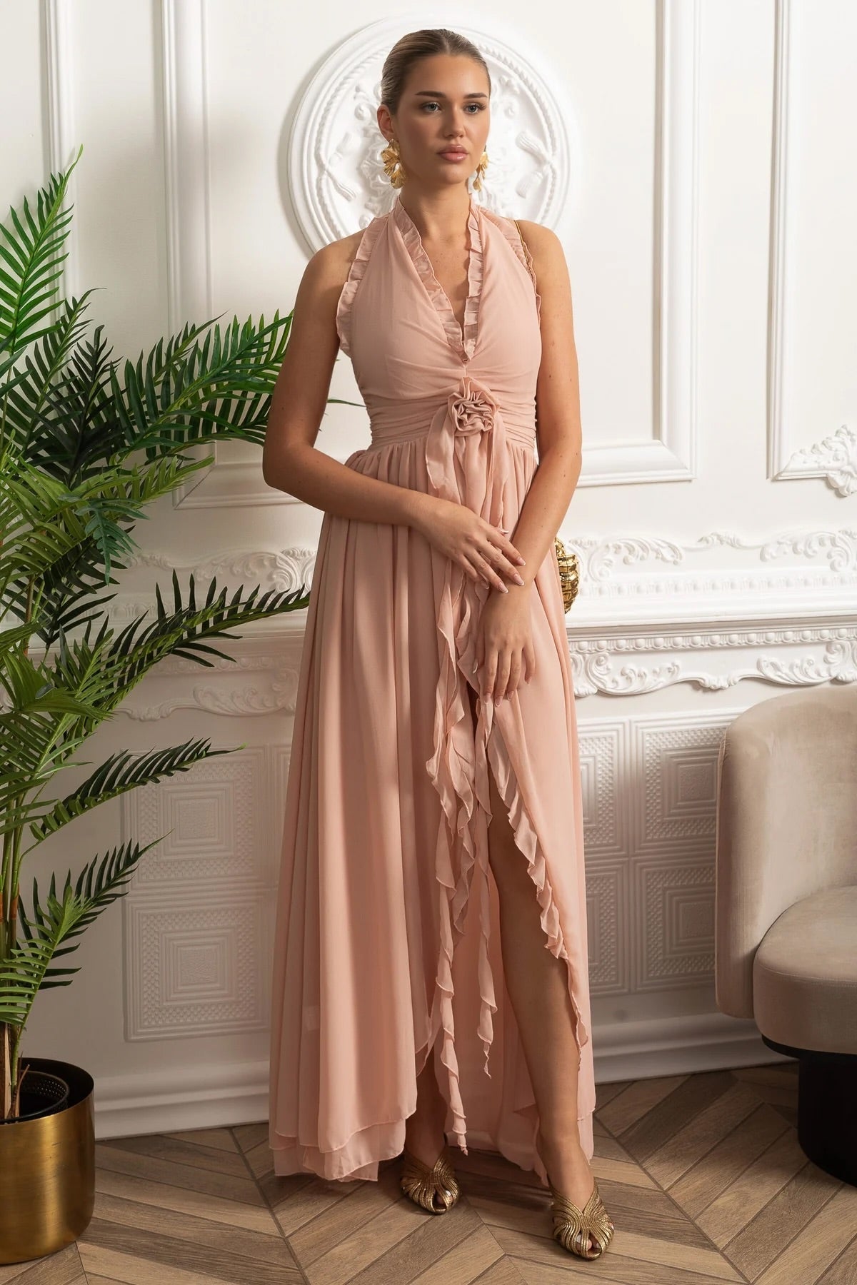 Ruffled Halter Maxi Dress with Rosette Tie Detail - Pink