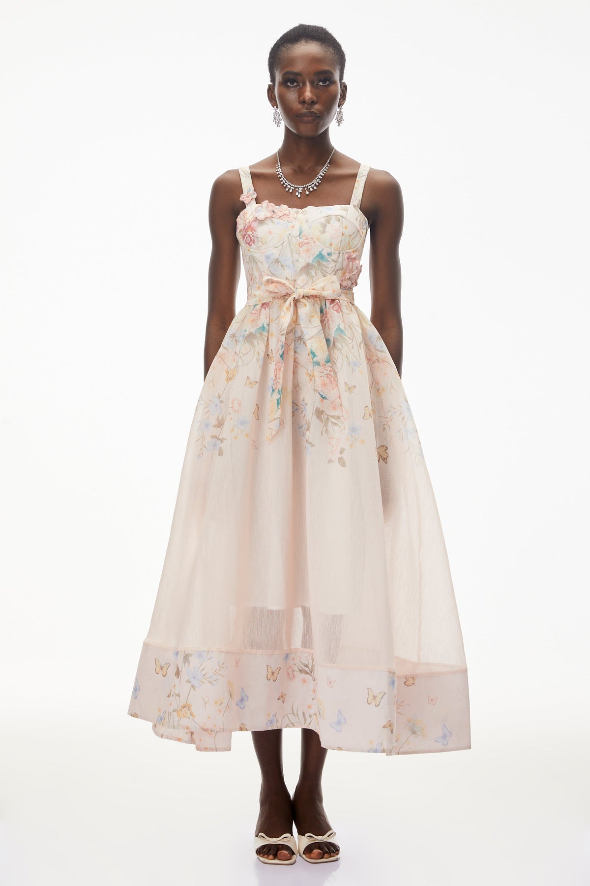 Baucis Pink Floral Print Midi Dress with Tie Waist