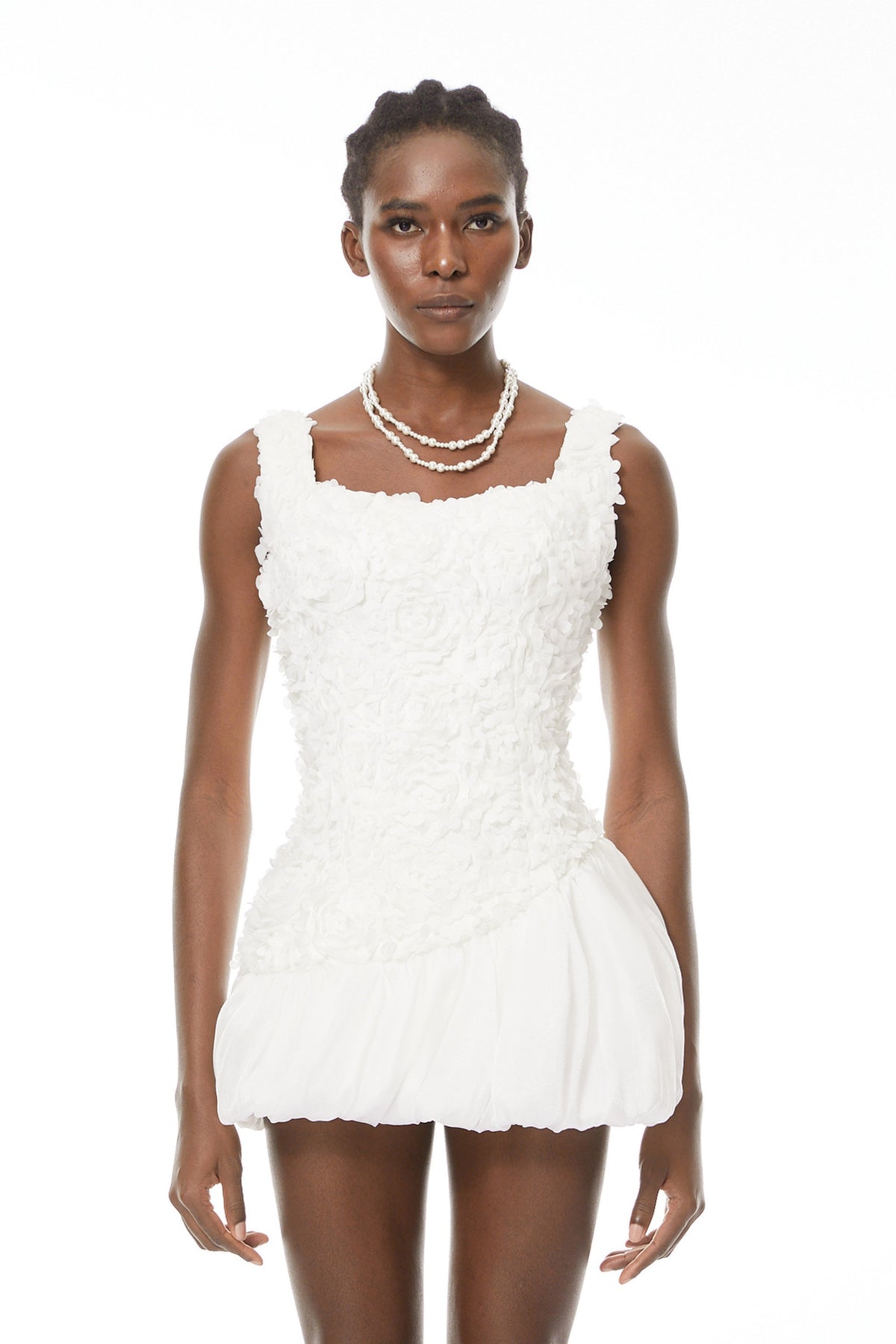 Beatrice White 3D Petal Bubble Mini Dress