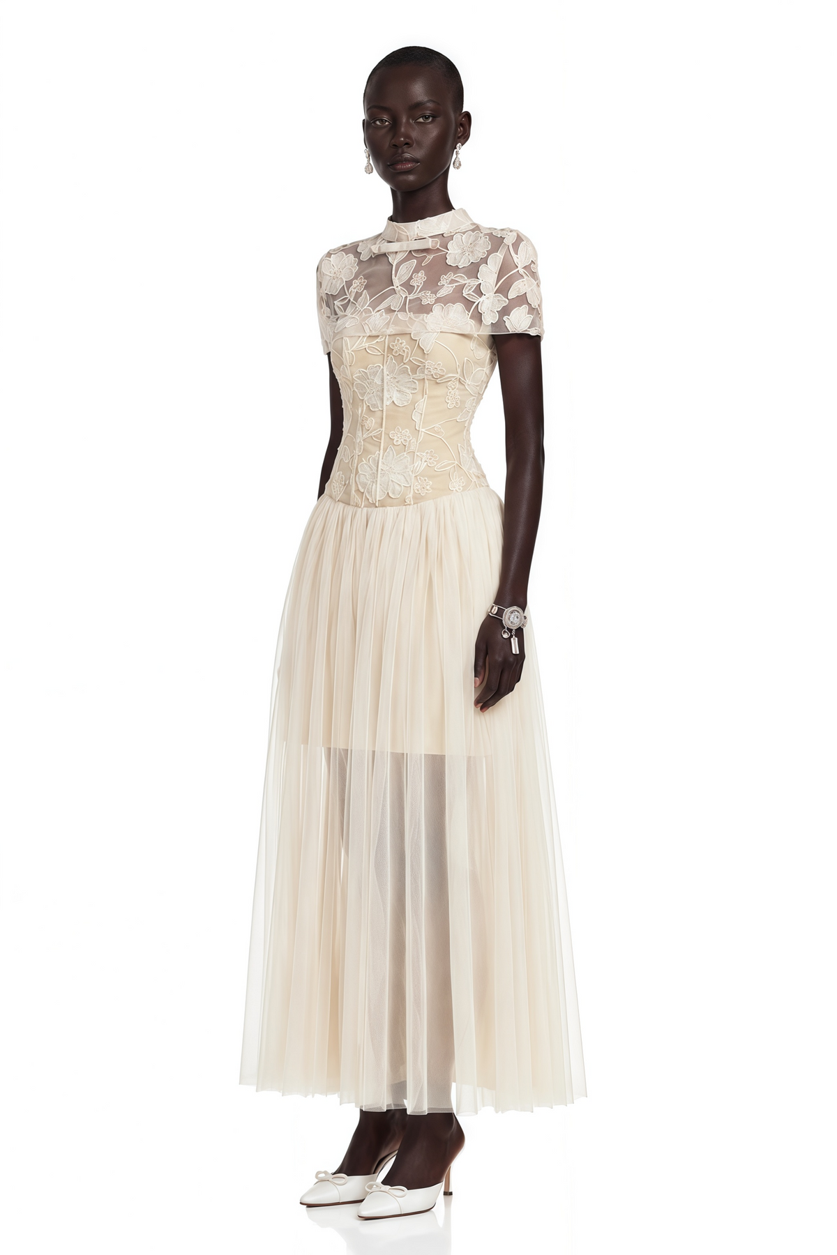 Benedicta Cream Floral Embroidered Maxi Dress