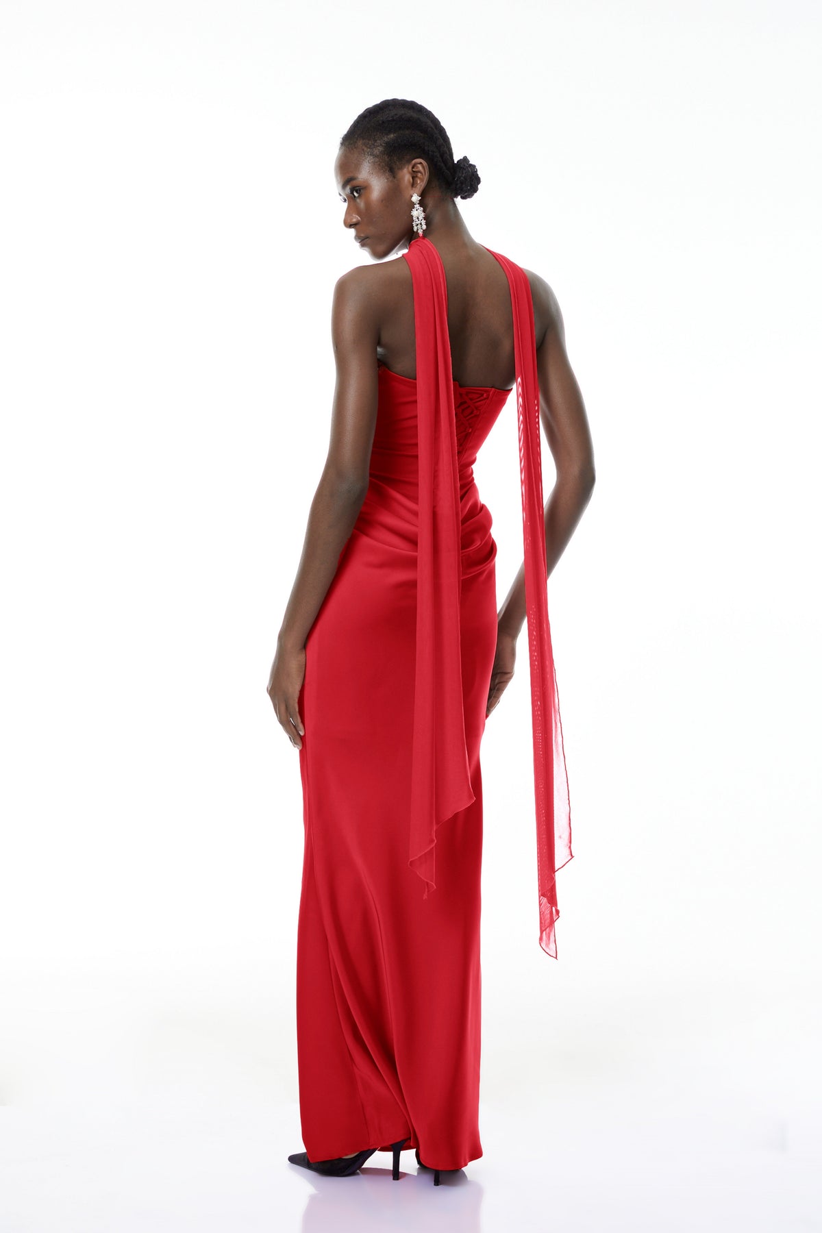 Berit Red Scarf Off Shoulder Ruched Maxi Dress (Final Sale-US Only)