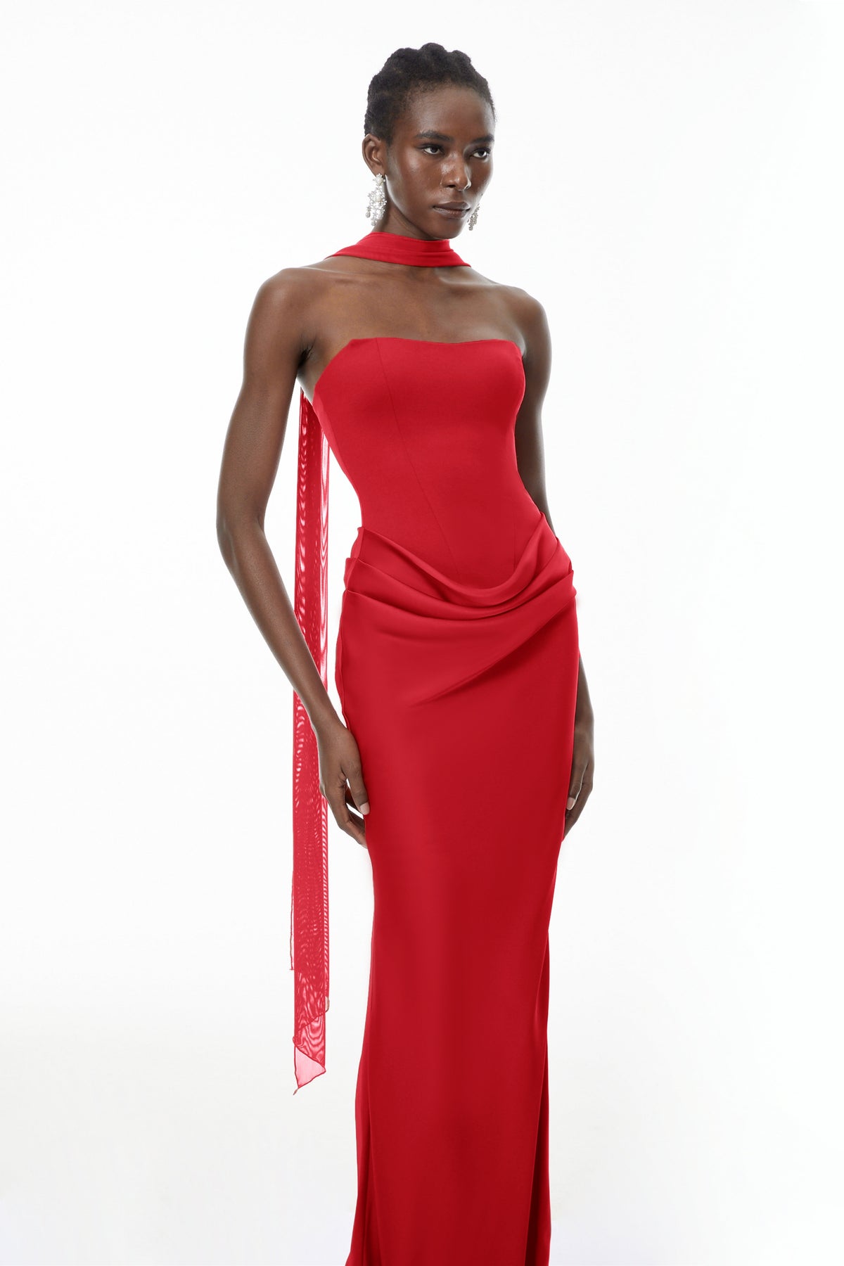 Berit Red Scarf Off Shoulder Ruched Maxi Dress (Final Sale-US Only)