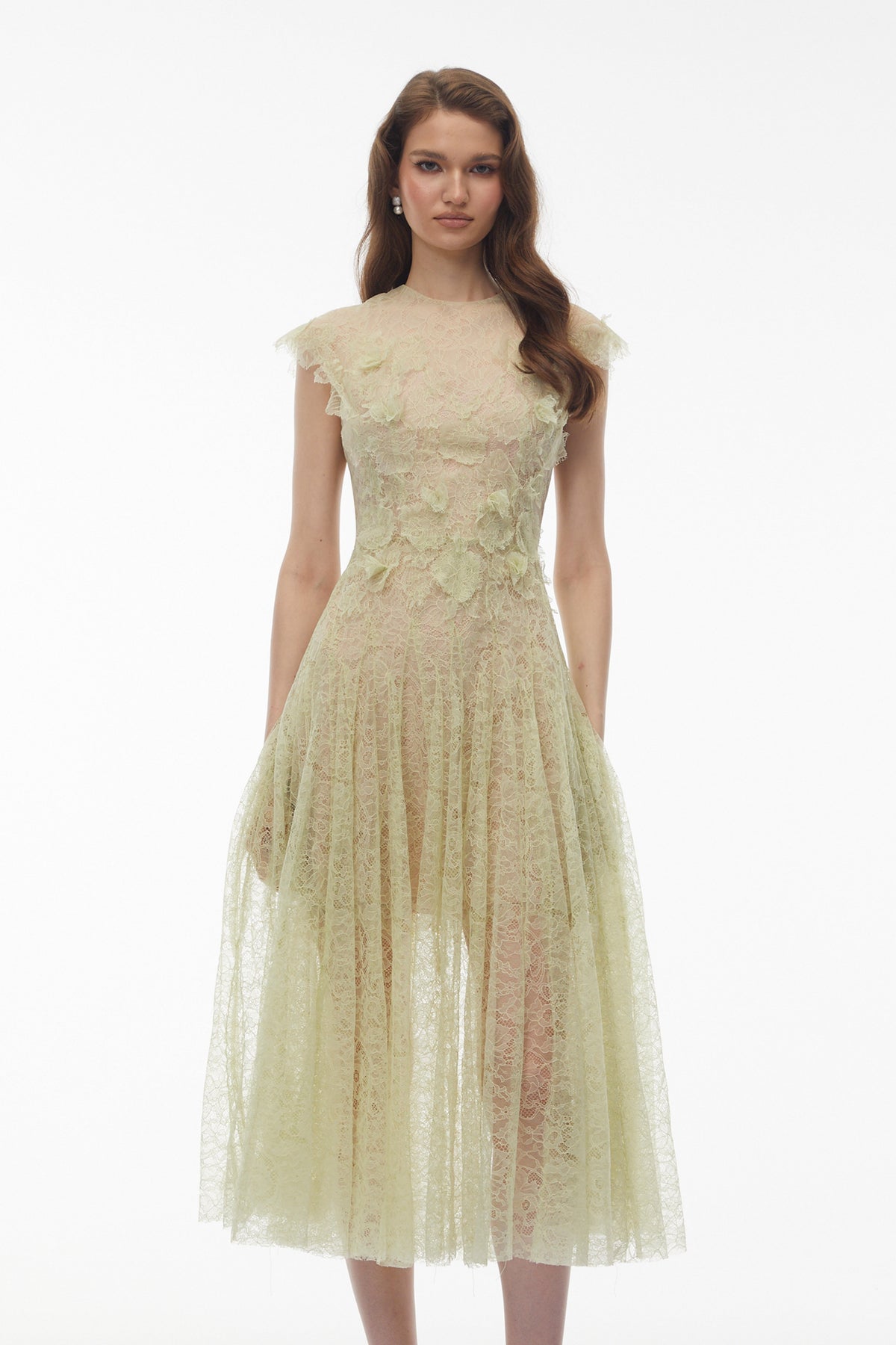 Béryl Green Floral Lace Midi Dress