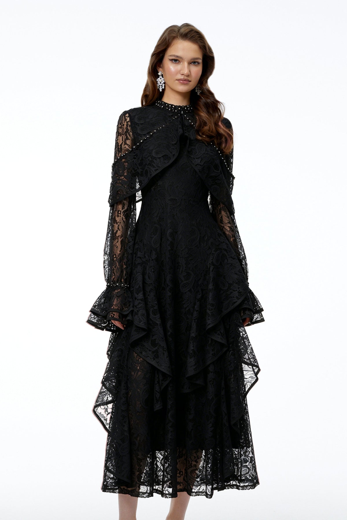 Blanche Black Floral Lace Embellished Maxi Dress