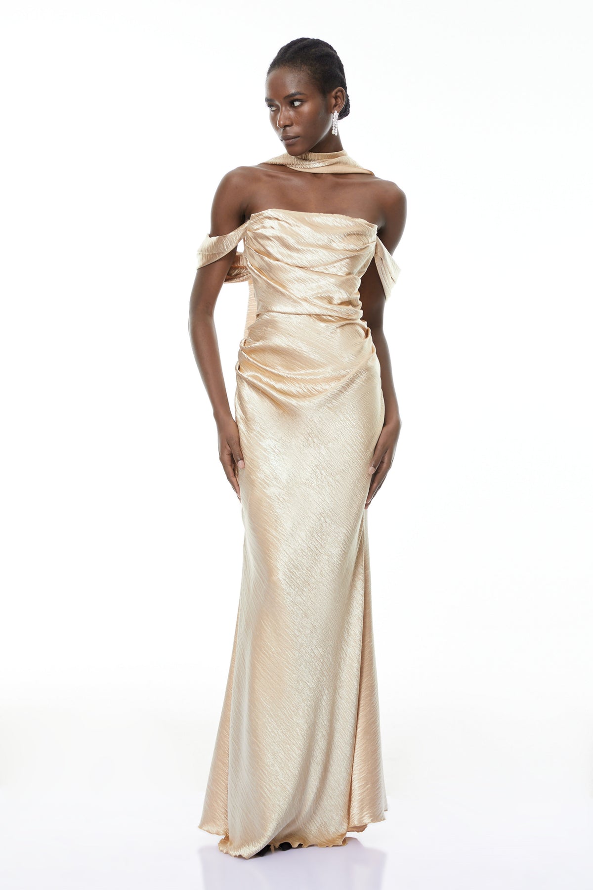 Blanche Gold Off Shoulder Mermaid Maxi Dress