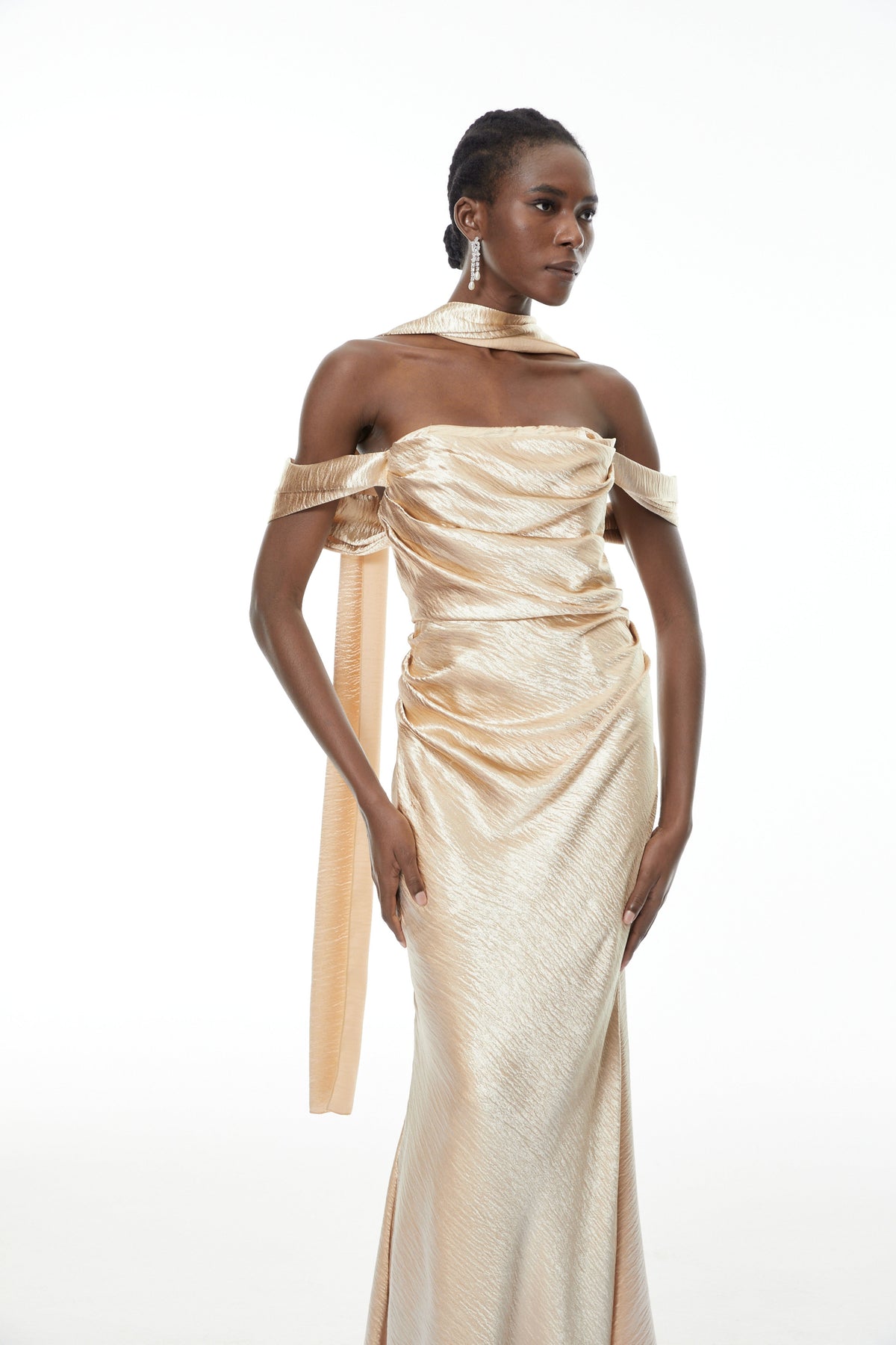 Blanche Gold Off Shoulder Mermaid Maxi Dress