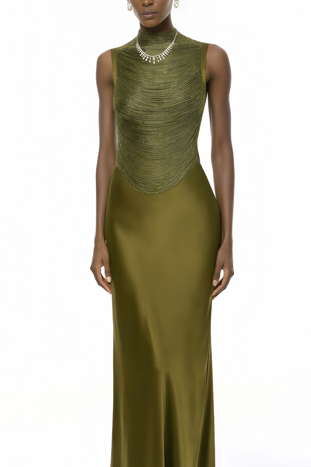 Borbála Green Fringed Top & Satin Skirt Set