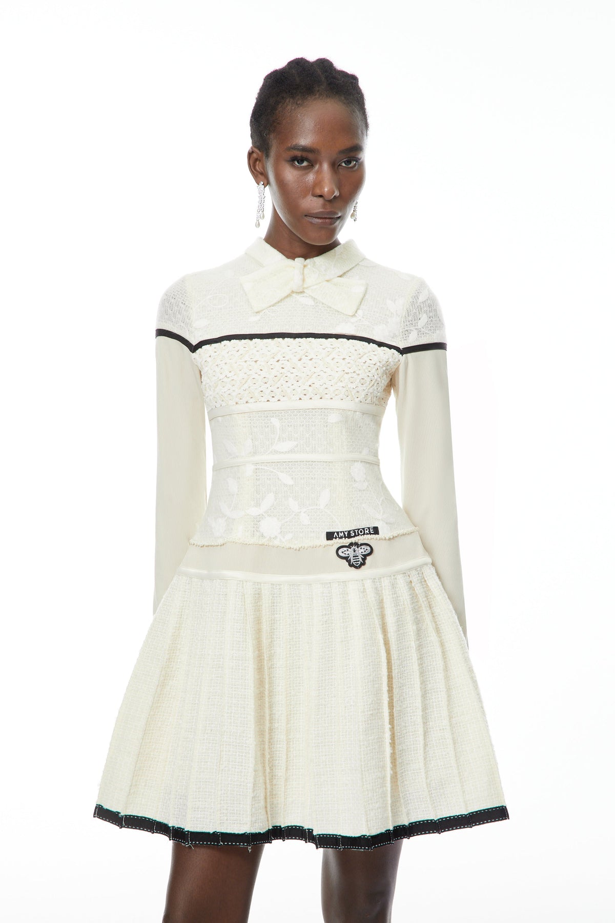 Bridget White Pleated Mini Dress with Bow-Tie (Final Sale)