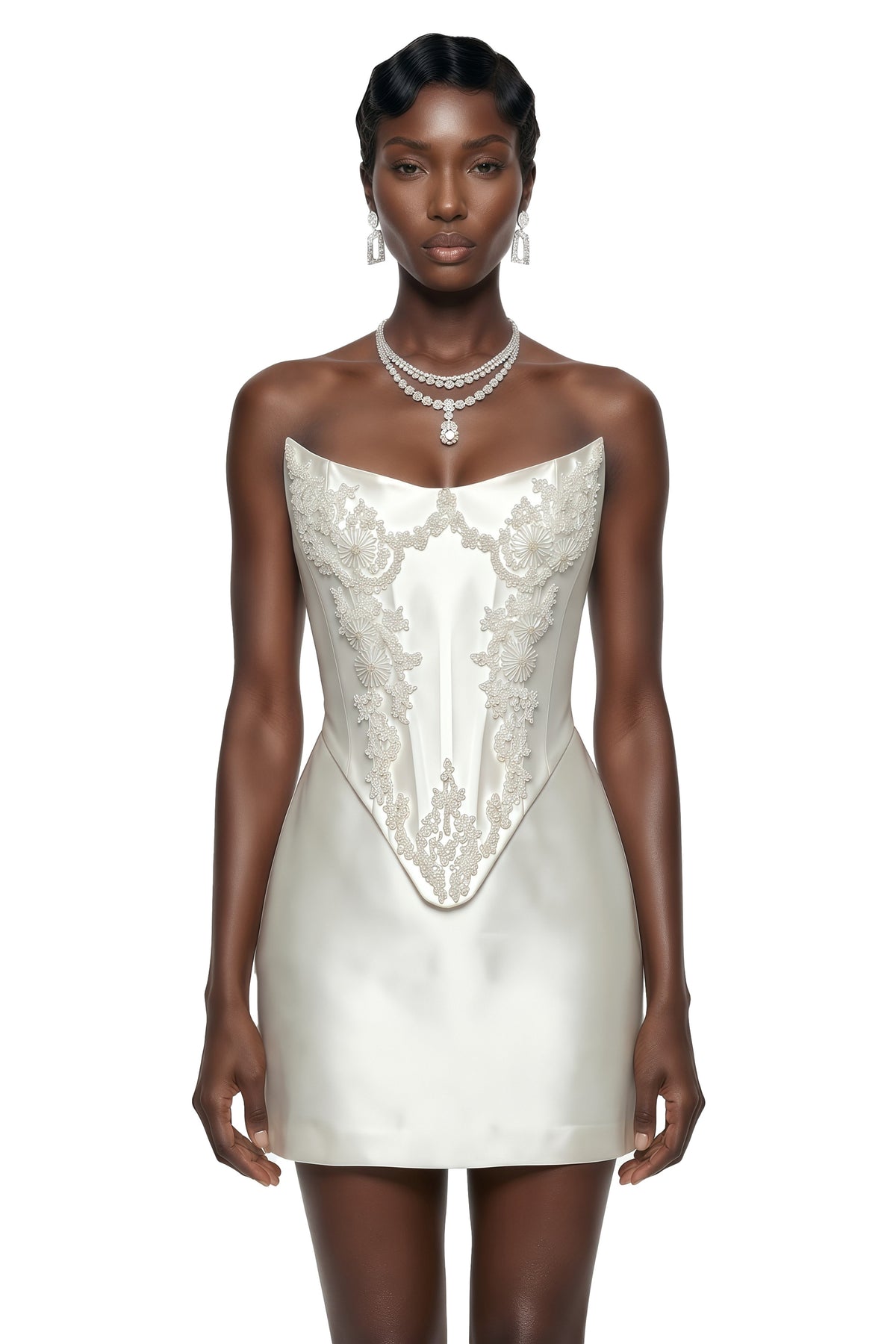 Brigitte White Sleeveless Rhinestone Top & Skirt Set