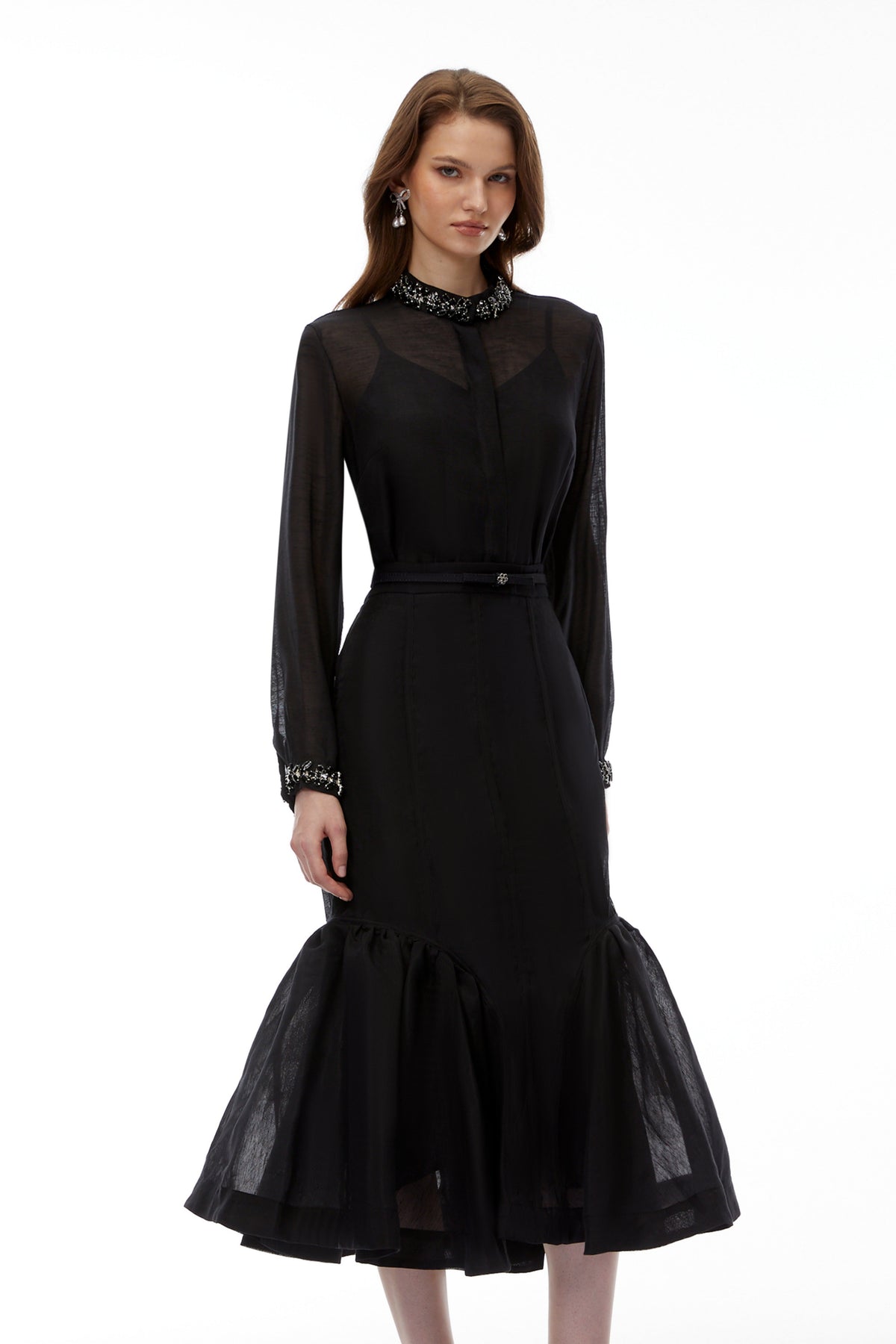 Briseis Black Chiffon Draped Blouse & Mermaid Skirt Set