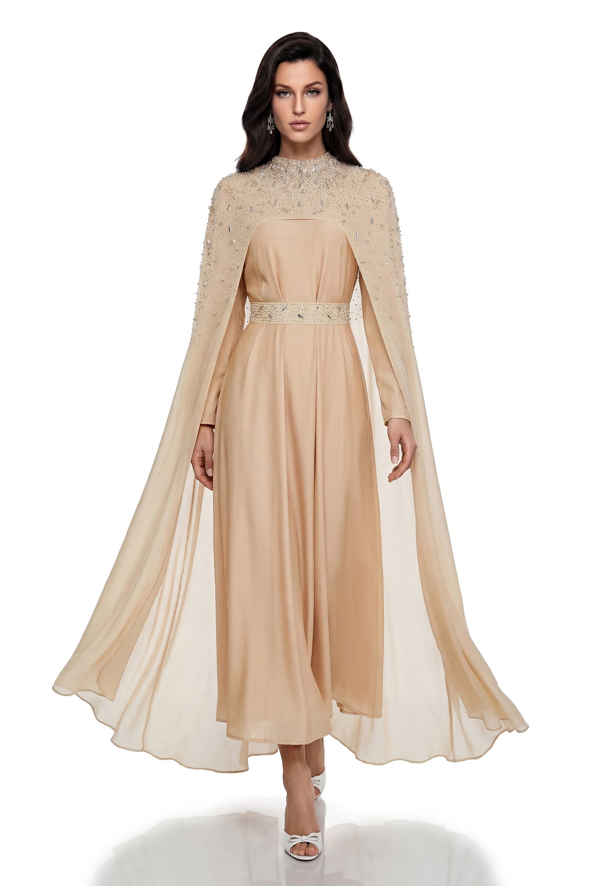 Briseis Champagne Rhinestone Beaded Cape Maxi Dress