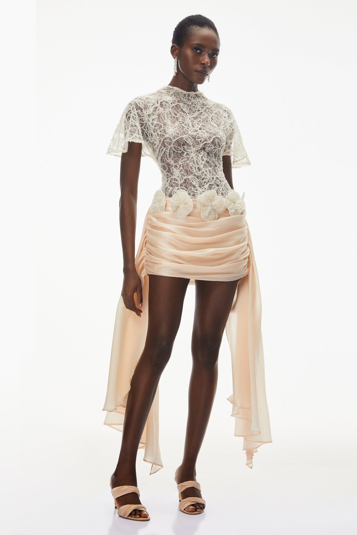 Briseis Neutral Satin Mini Dress with Floral Lace (Final Sale)