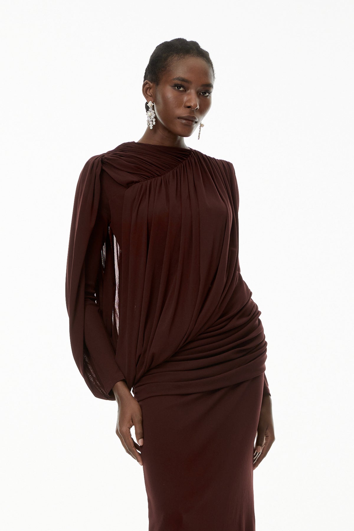 Briseis Russet Asymmetrical Ruched Maxi Dress