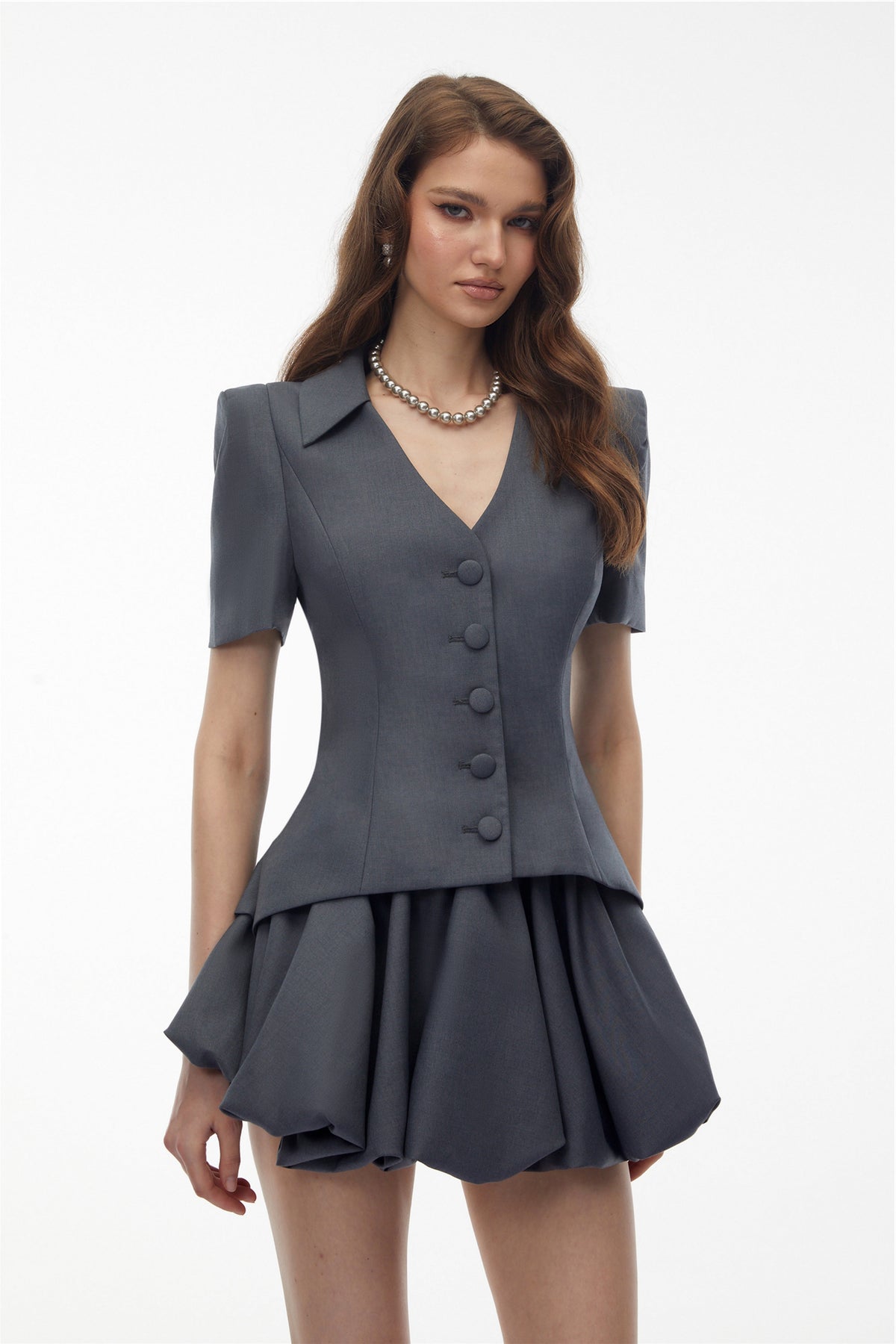 Bronislava Grey Plunge Neck Blouse & Skirt Set
