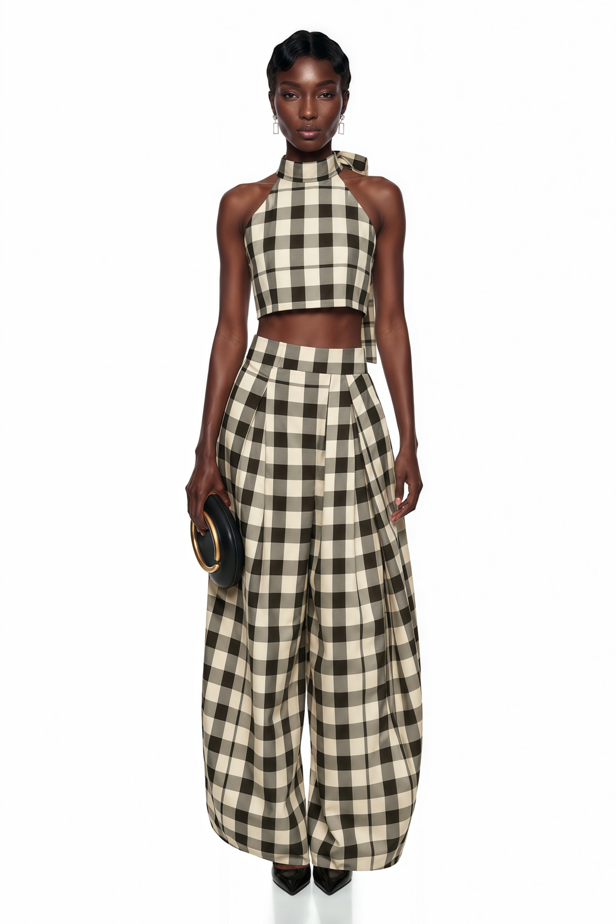 Buket Brown Plaid Top & Barrel Leg Trouser Set
