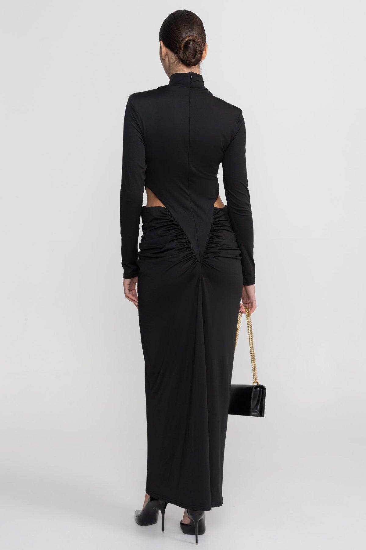 High Neck Maxi Dress With Long Sleeves And Waist Cut-Out Detail - Black