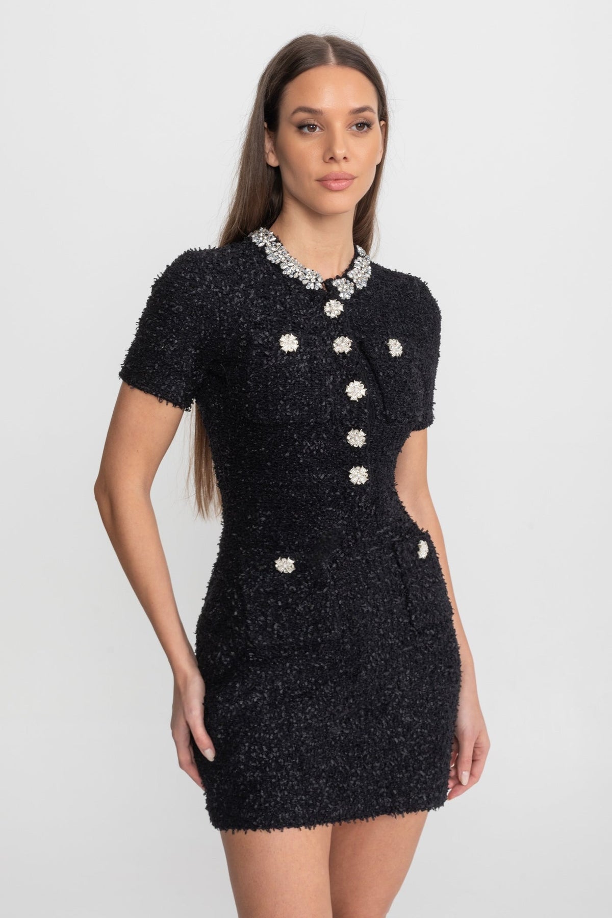Embellished Tweed Mini Dress with Crystal Button Details – Black