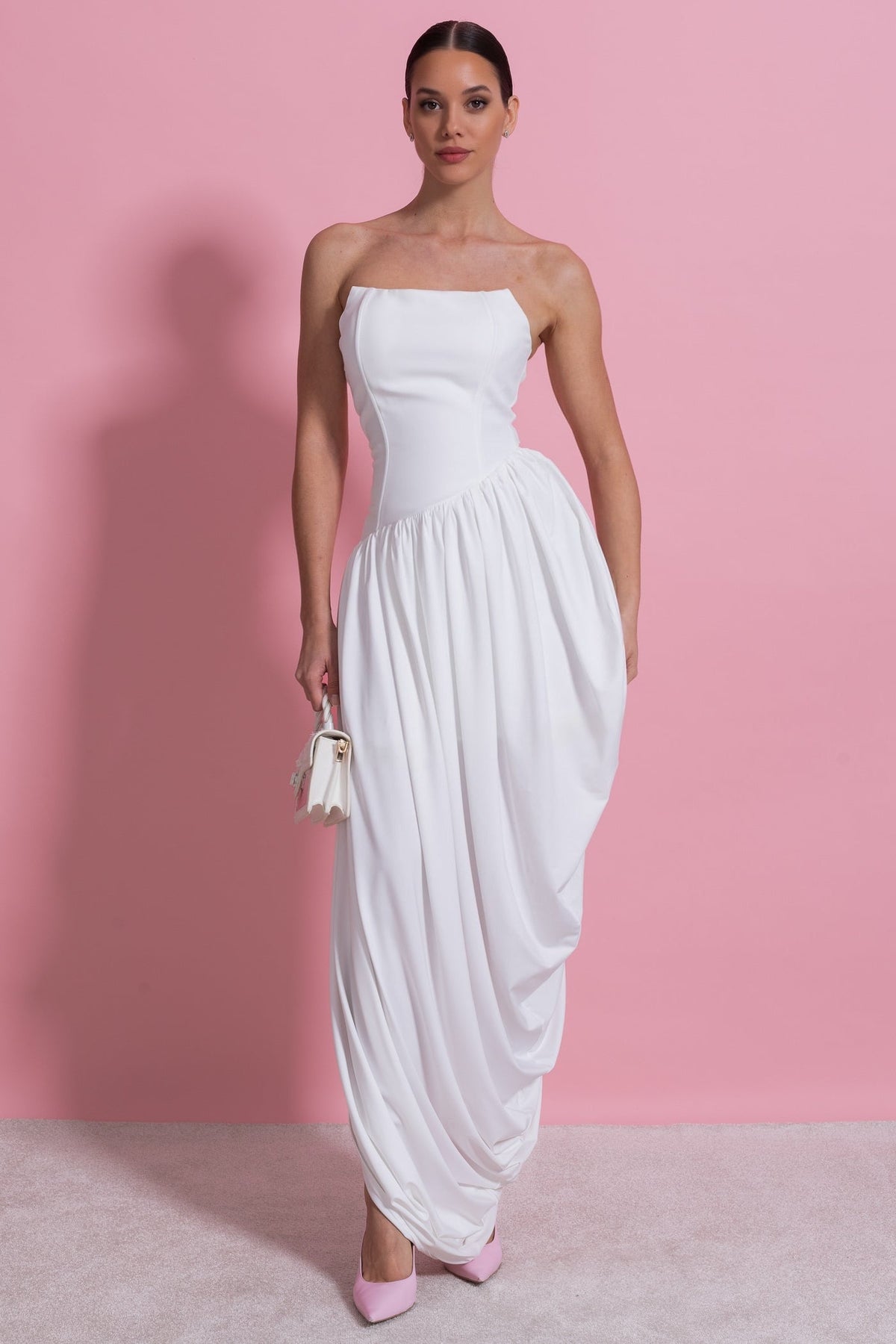 Strapless Maxi Dress With Asymmetric Draped Skirt - White