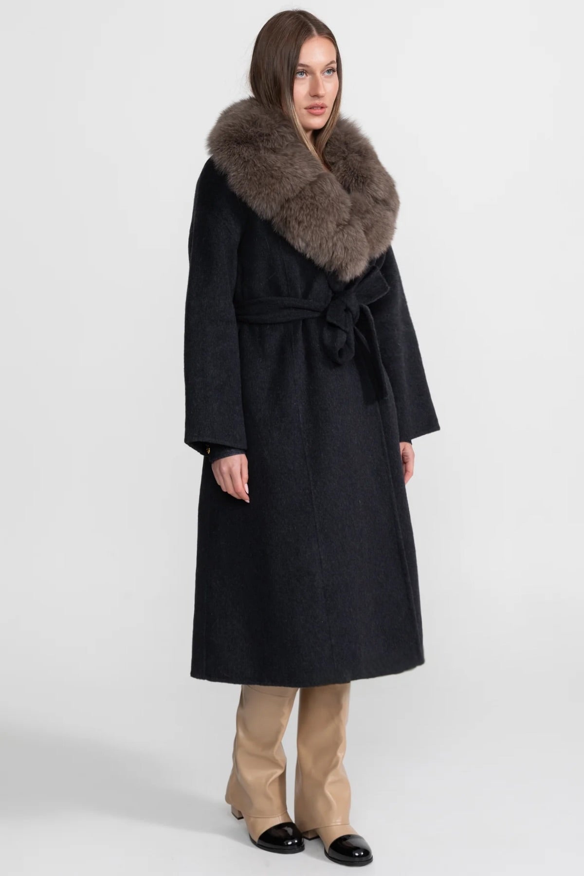 Wool Wrap Coat with Fox Fur Collar And Tie Belt – Black/Brown