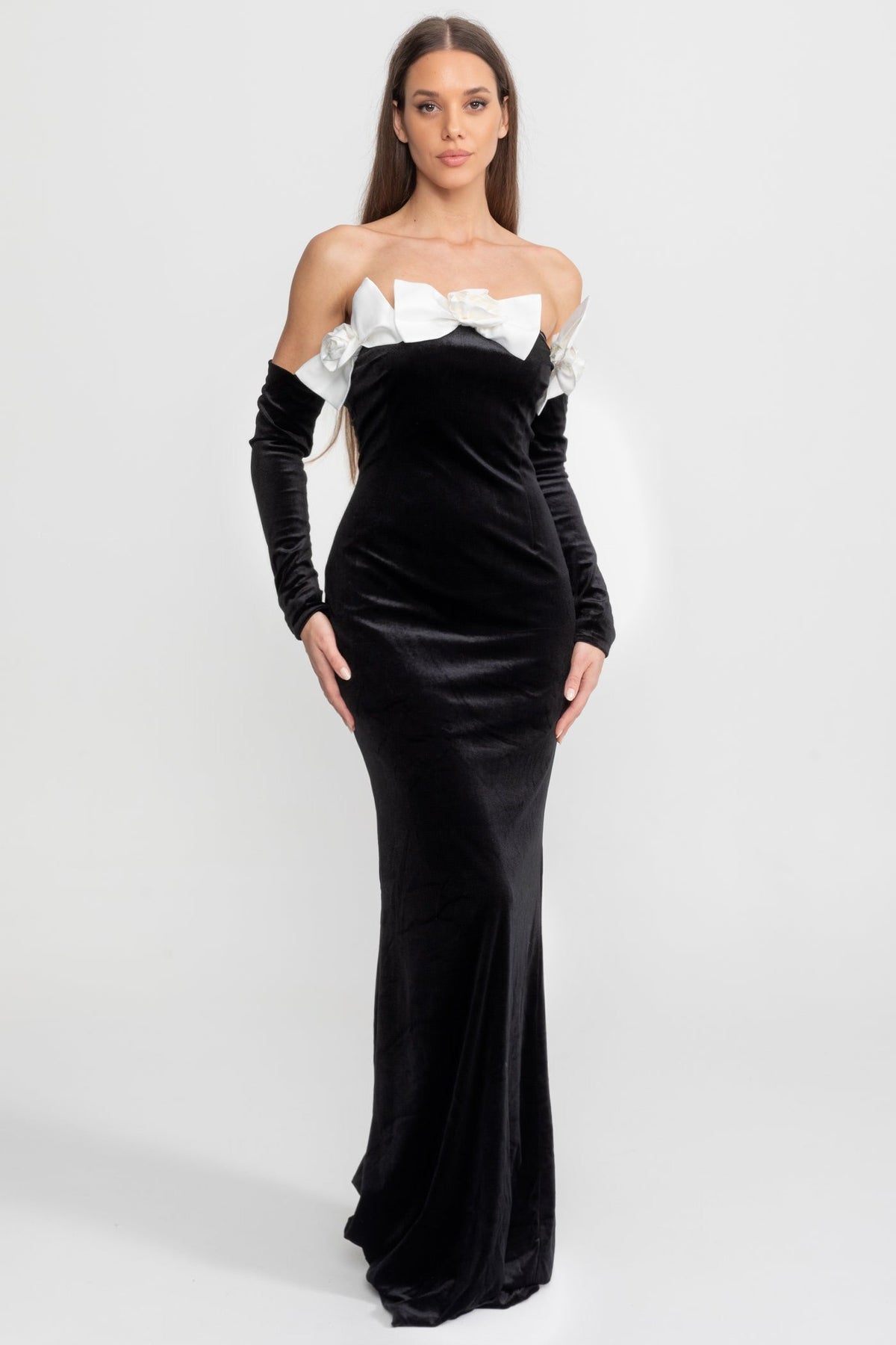 Velvet Strapless Maxi Dress with Floral Bow Appliqué – Black