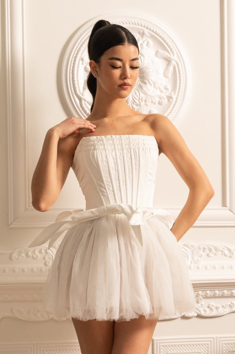 Corset Dress With Tulle Mini Skirt And Waist Bows - White